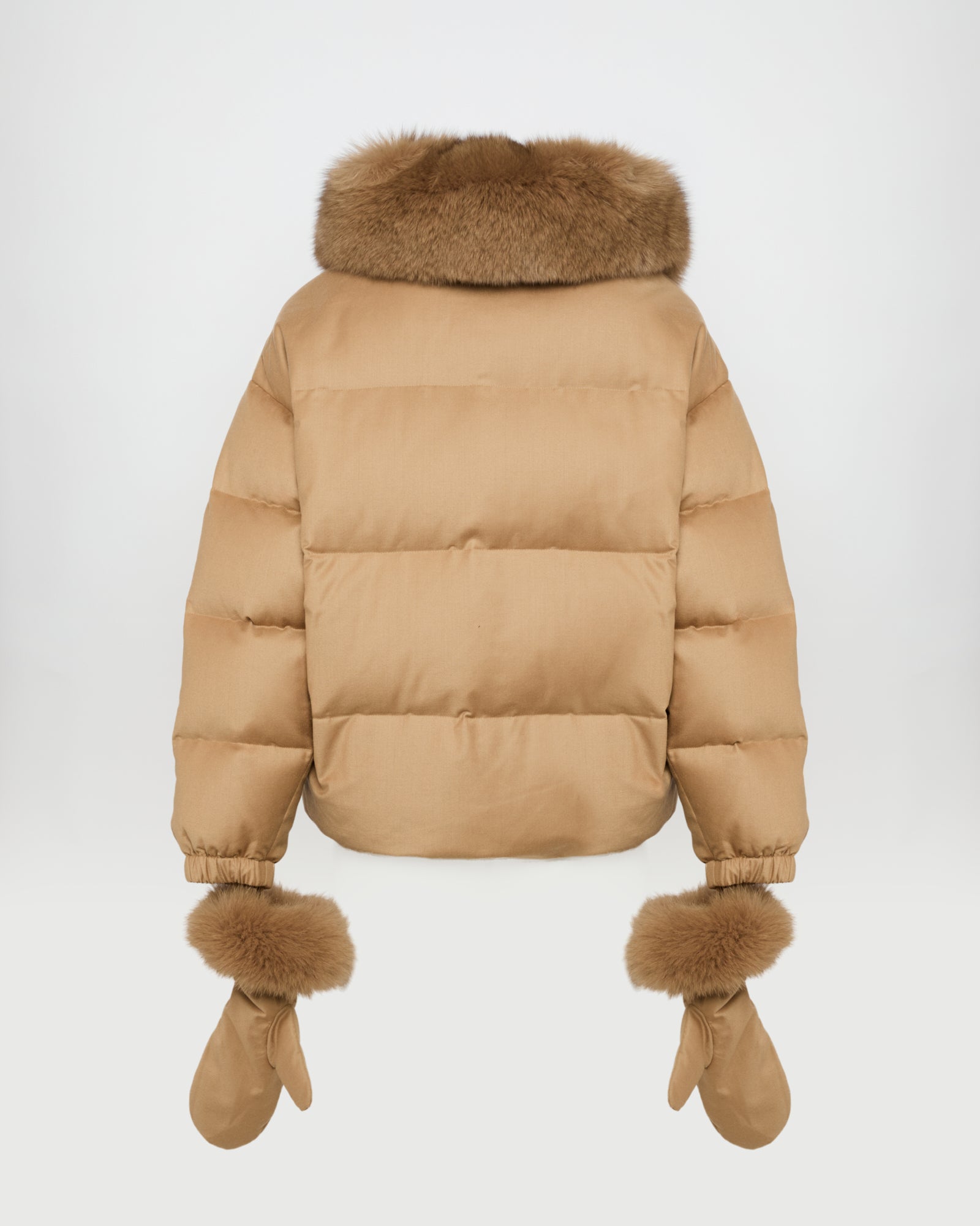 Short Loro Piana fabric down jacket with detachable fox fur collar and mittens -Yves Salomon
