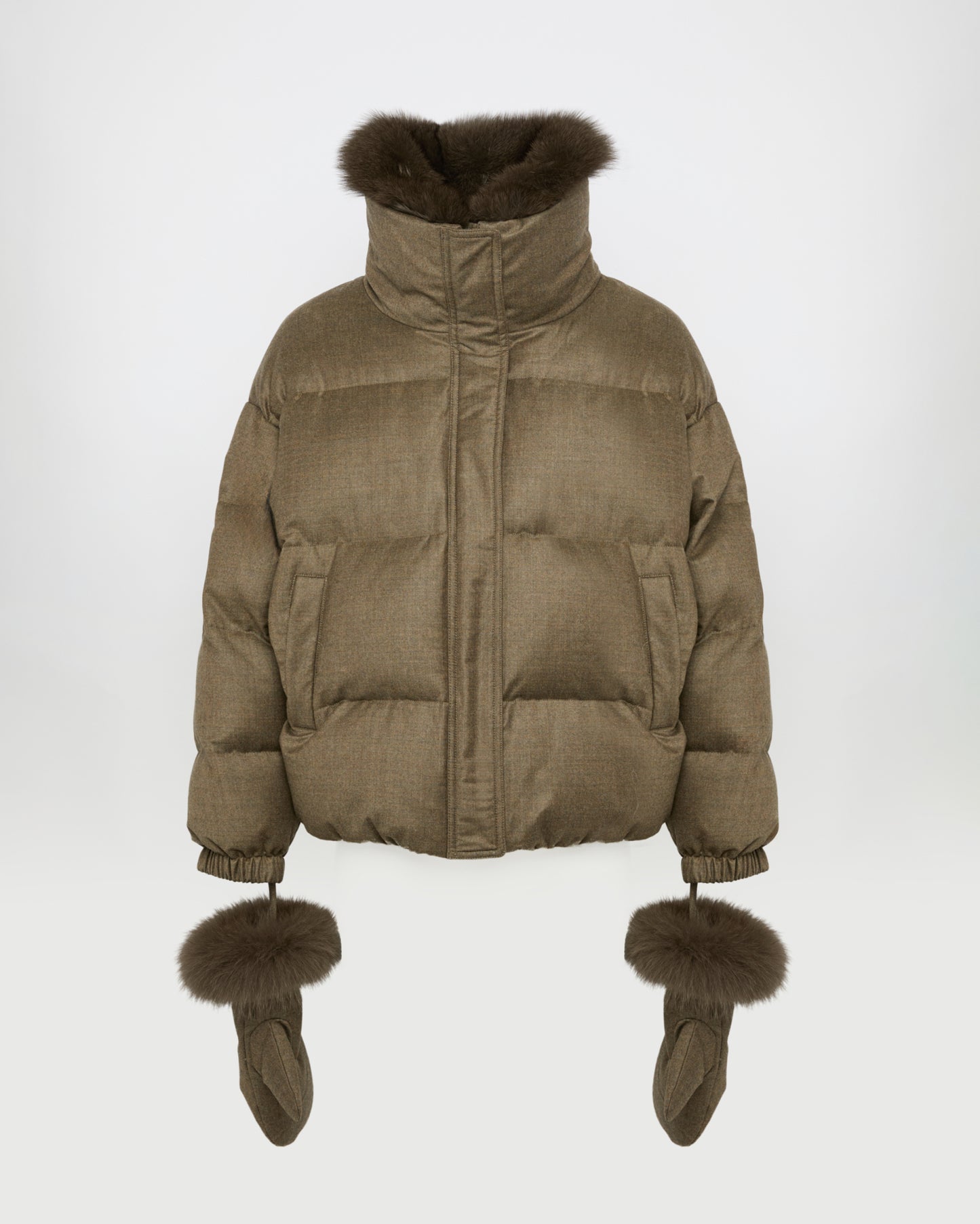 Short Loro Piana fabric down jacket with detachable fox fur collar and mittens -Yves Salomon