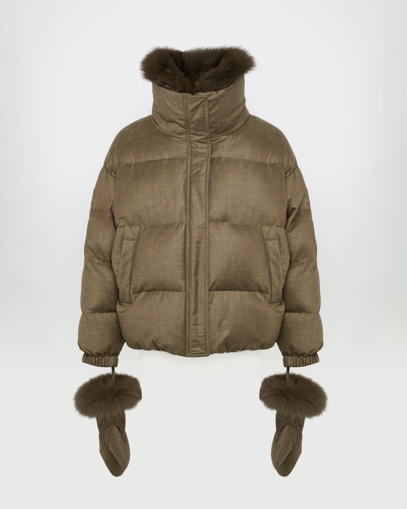 Short Loro Piana fabric down jacket with detachable fox fur collar and mittens -Yves Salomon