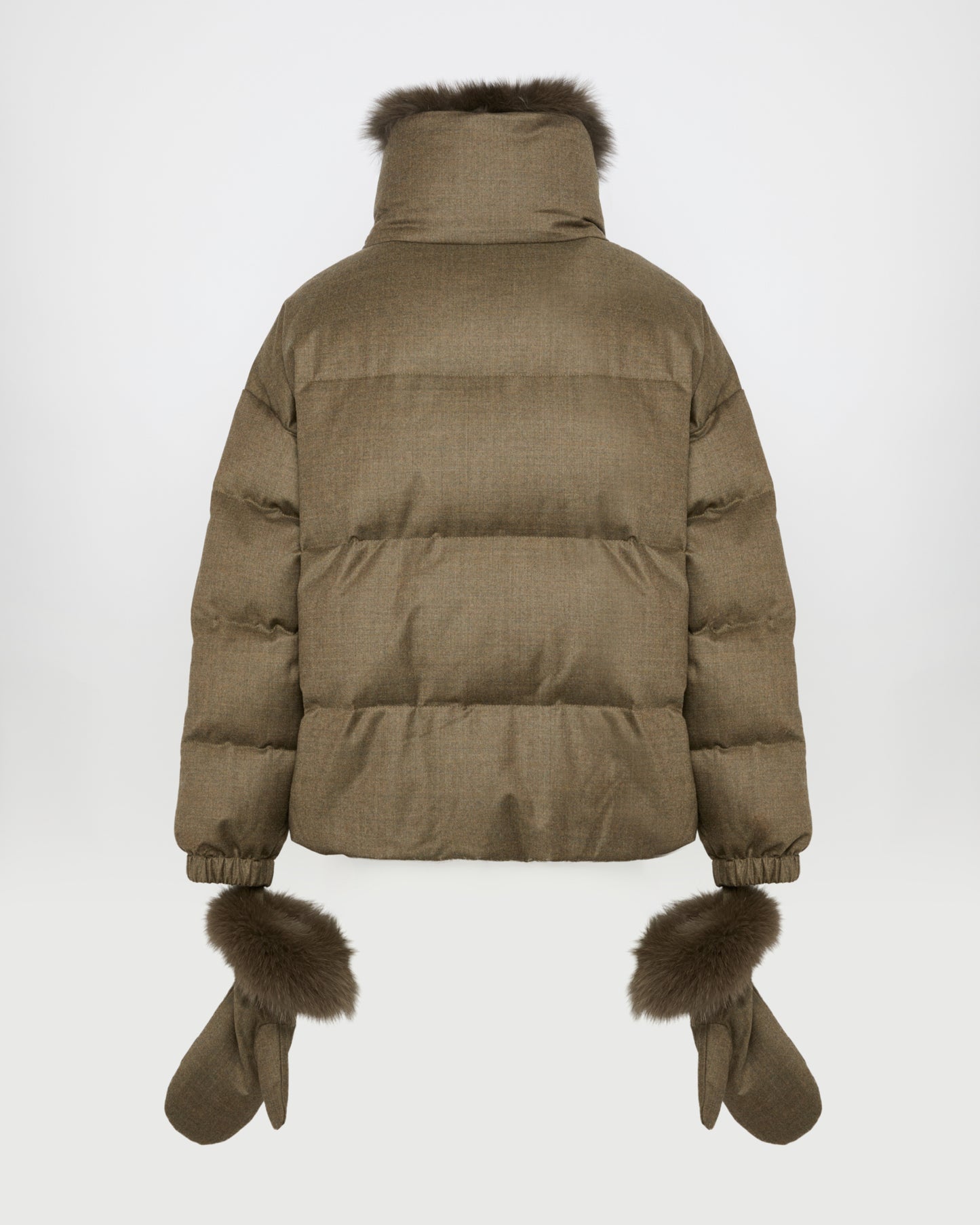 Short Loro Piana fabric down jacket with detachable fox fur collar and mittens -Yves Salomon
