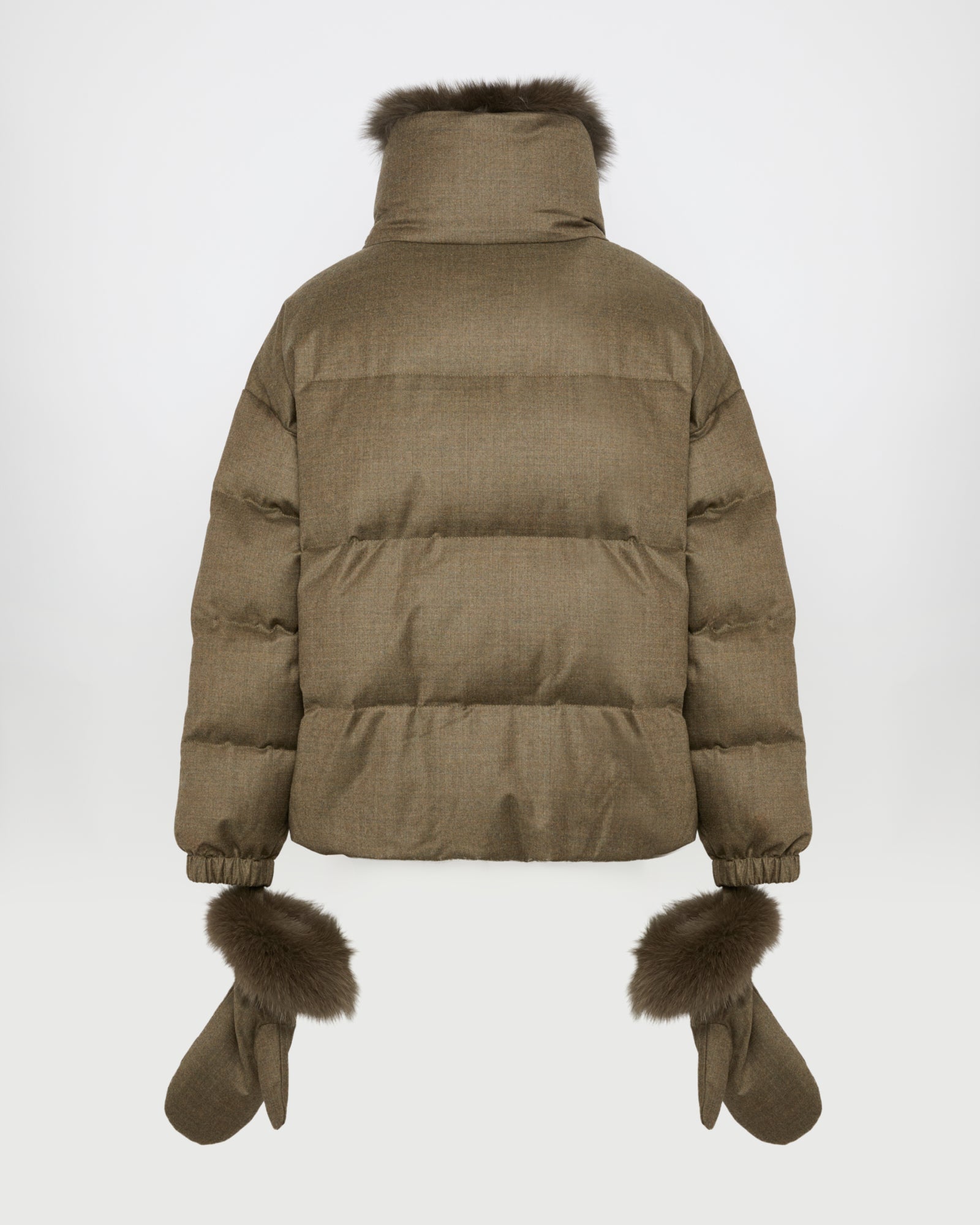 Short Loro Piana fabric down jacket with detachable fox fur collar and mittens -Yves Salomon