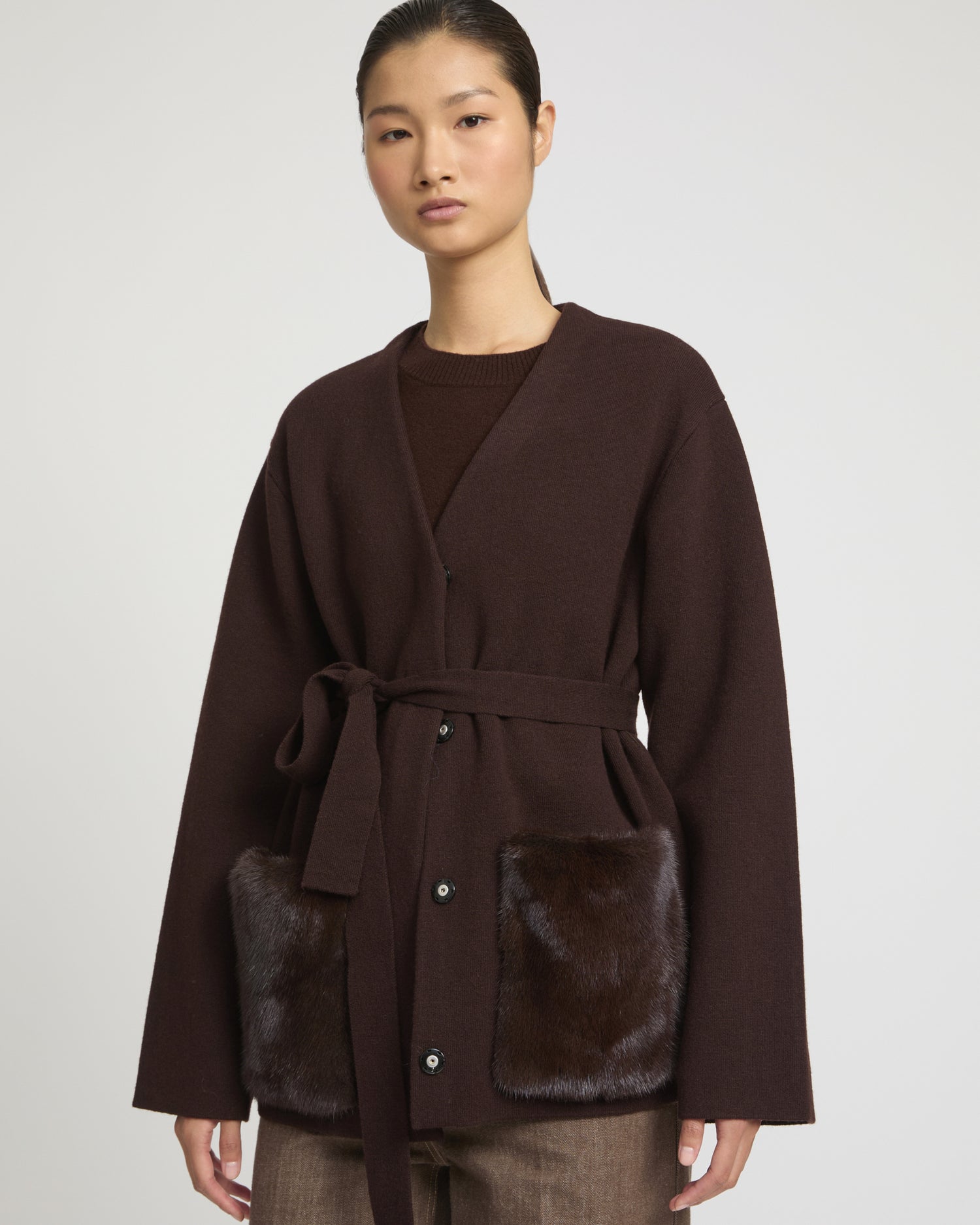 Belted knit and mink jacket -Yves Salomon