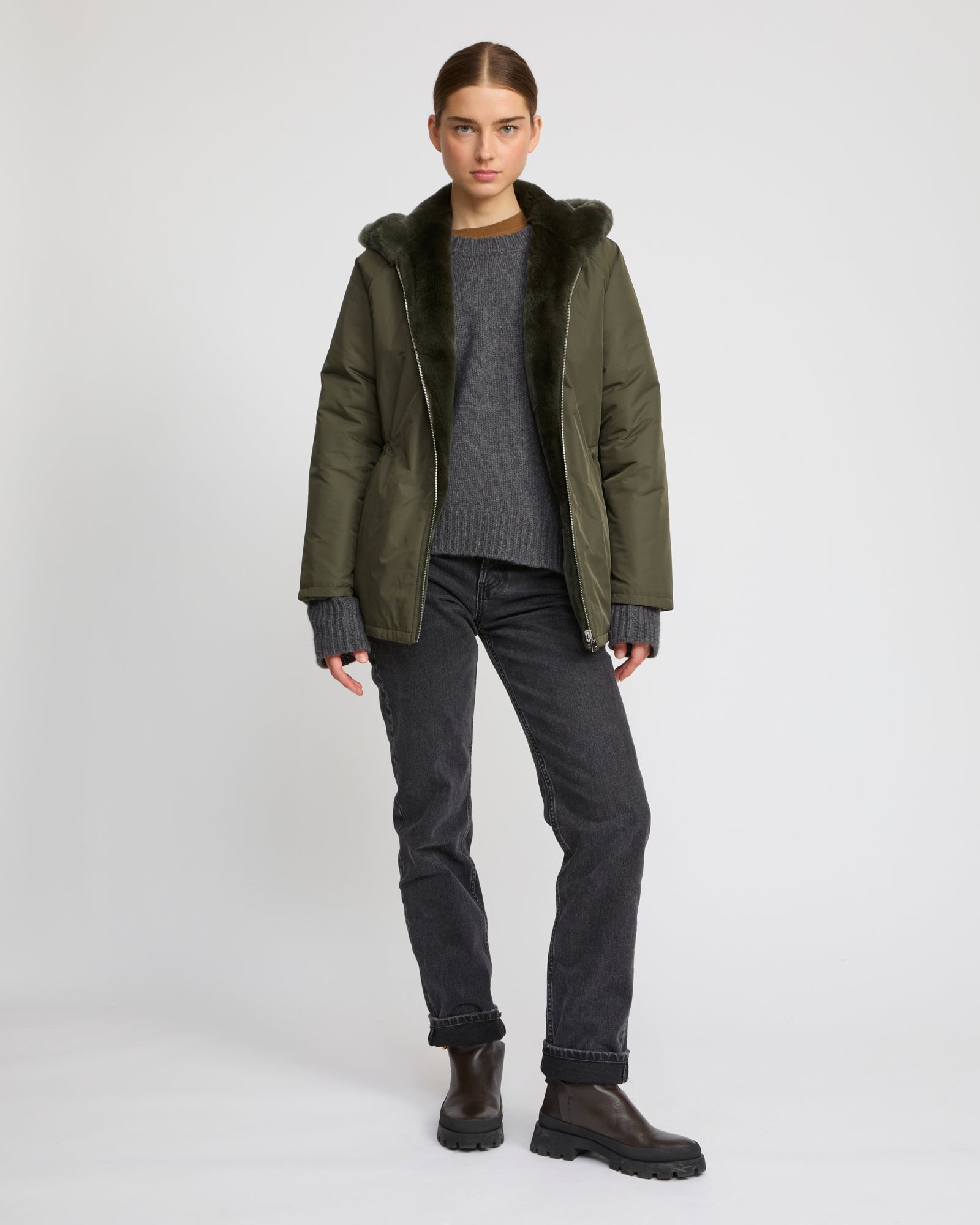 Reversible hooded jacket in rabbit rex fur and technical fabric