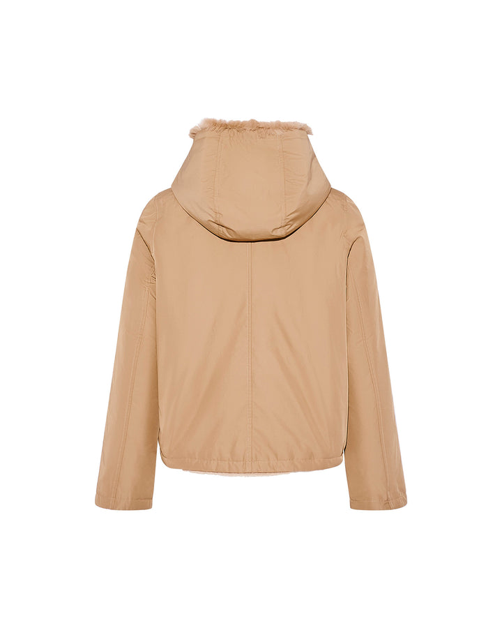 Hooded jacket in technical fabric reversible rex rabbit fur