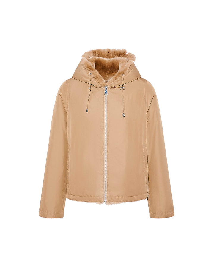 Hooded jacket in technical fabric reversible rex rabbit fur