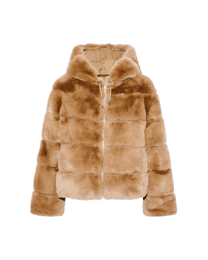 Hooded jacket in technical fabric reversible rex rabbit fur