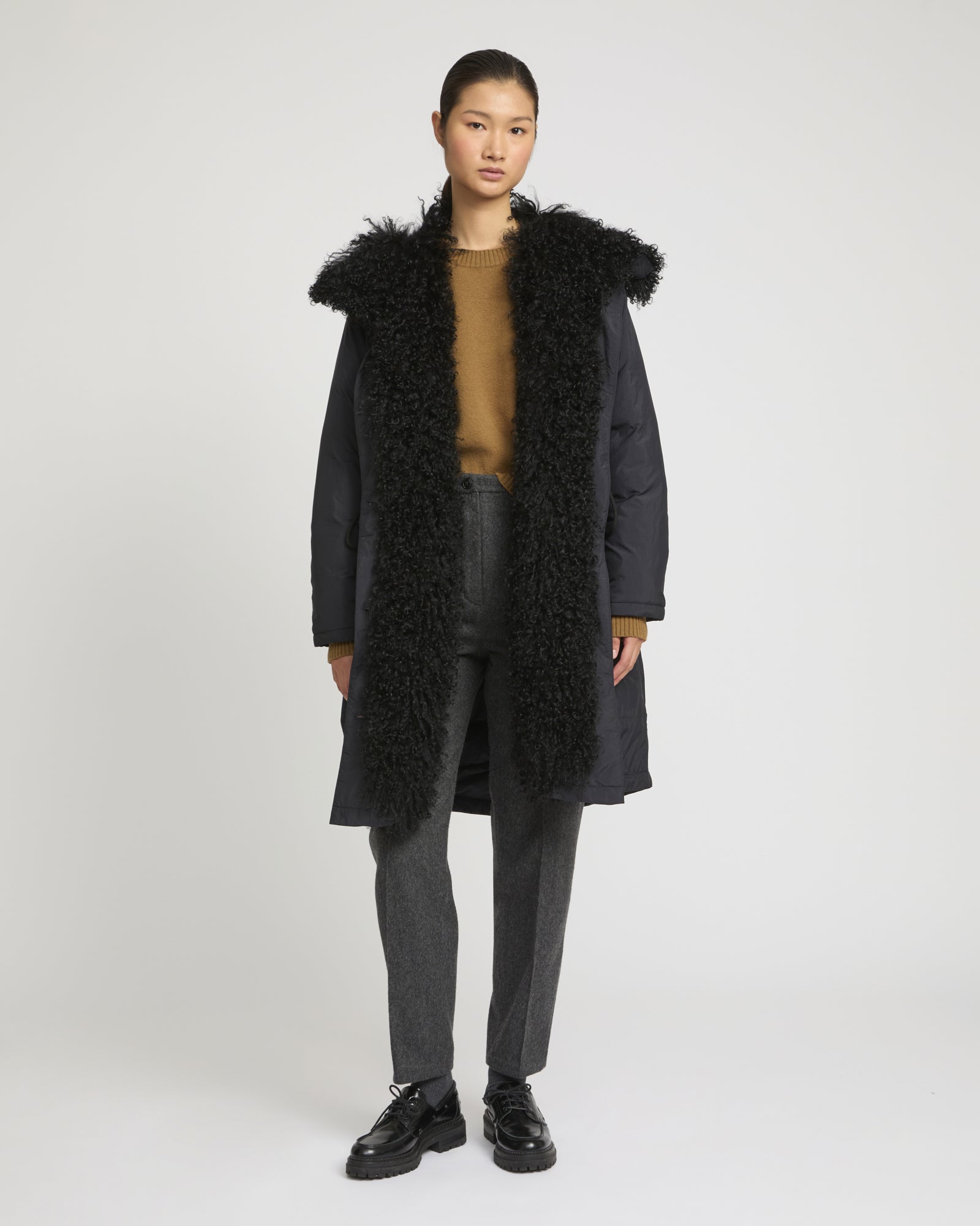 Ultra-light down parka with curly lambskin trim -Yves Salomon