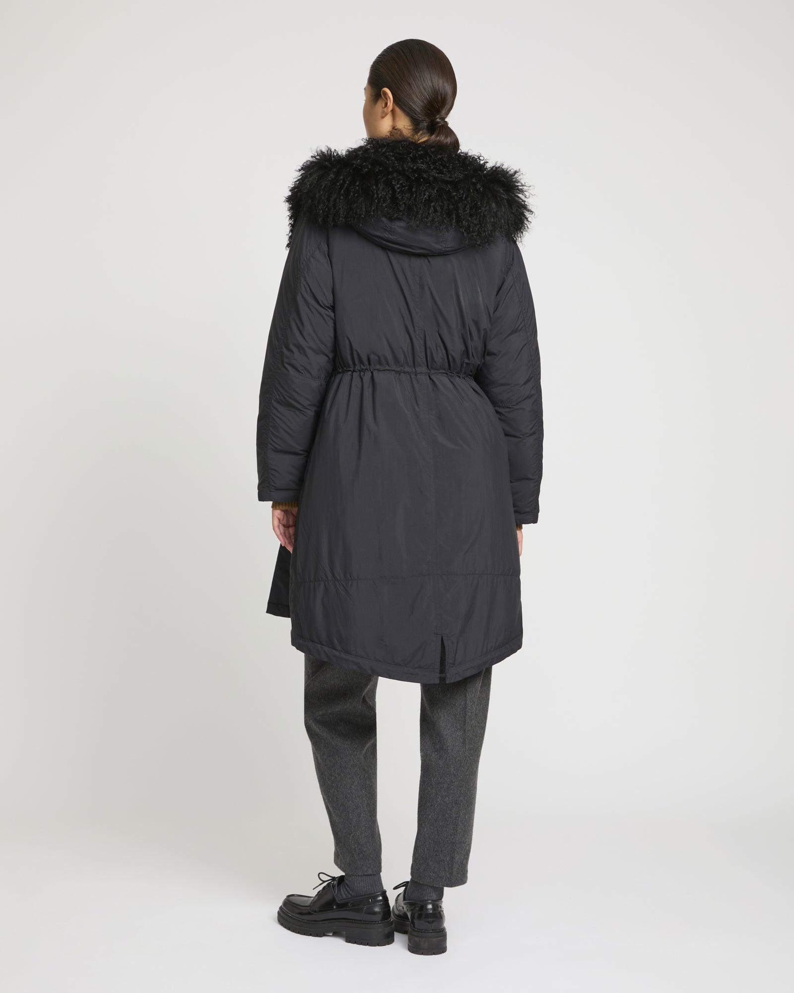 Ultra-light down parka with curly lambskin trim -Yves Salomon