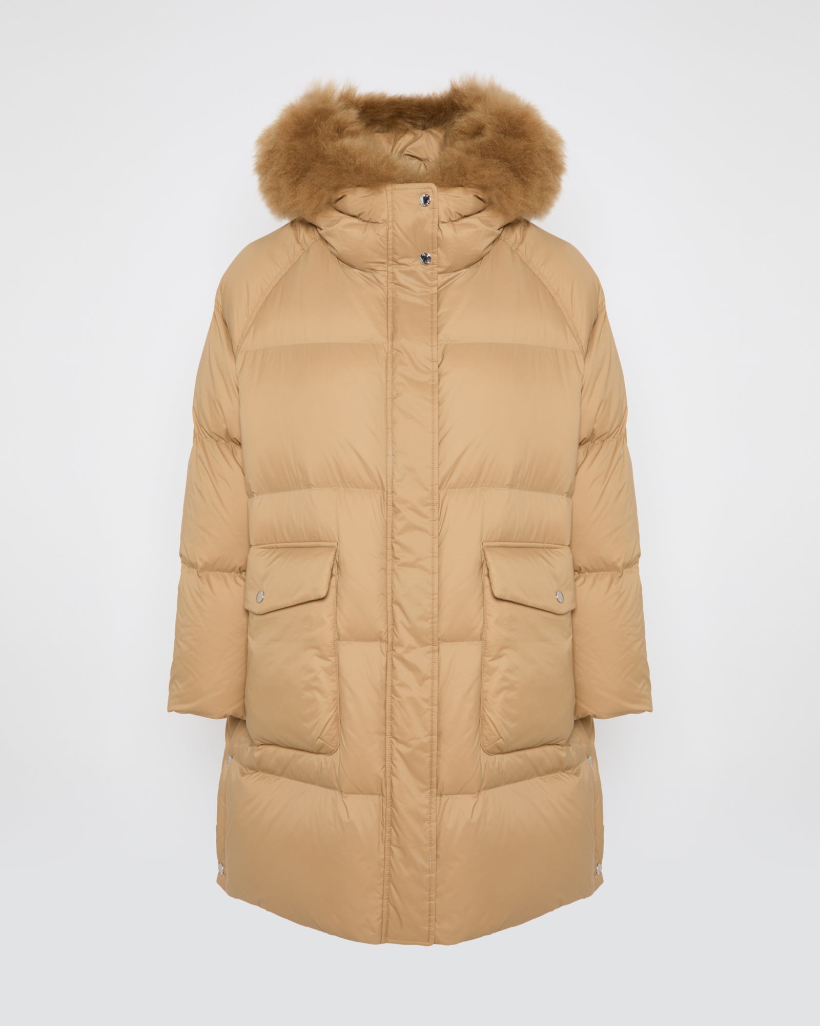 Long down jacket with raglan sleeves and fluffy lambswool trim