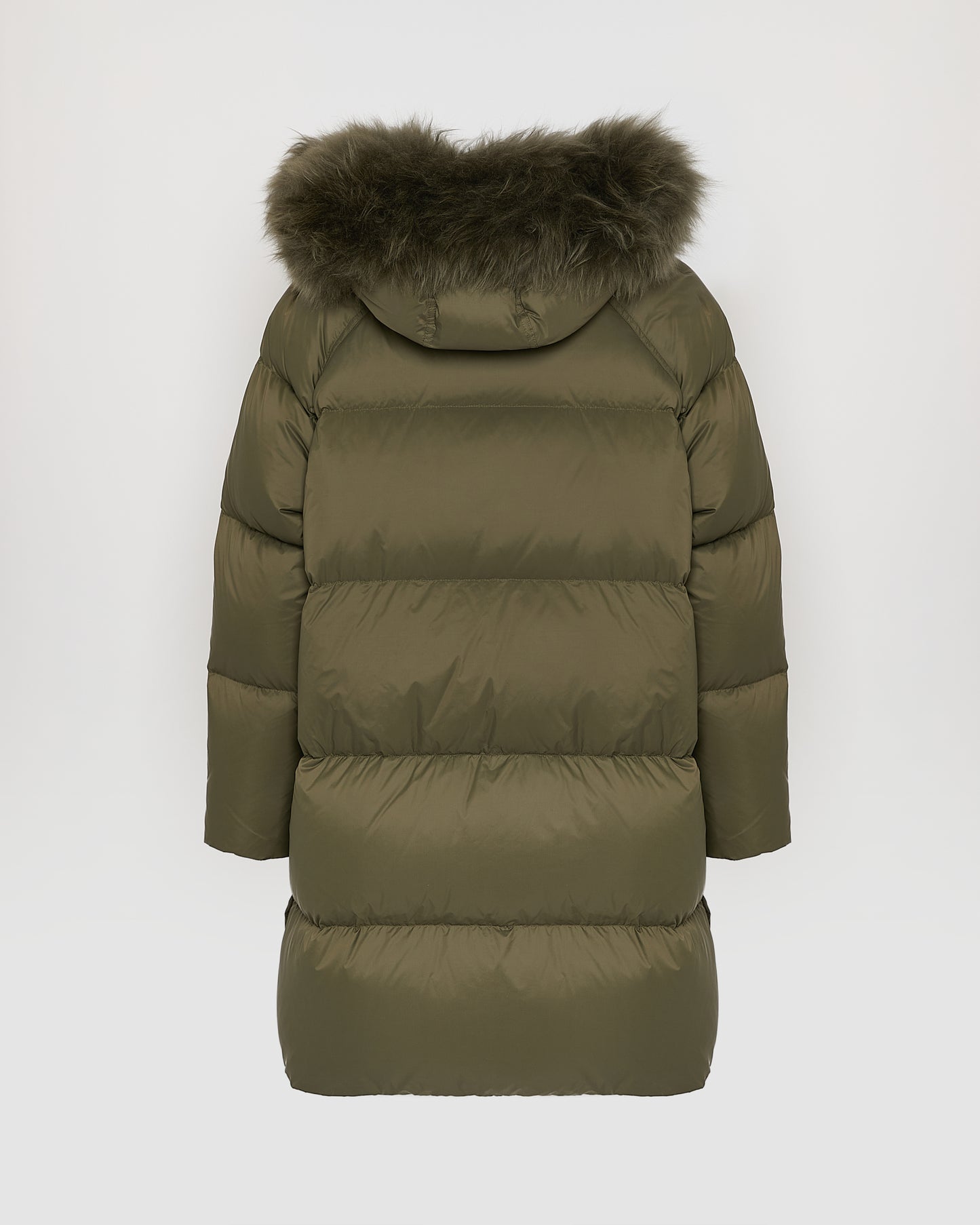 Long down jacket with raglan sleeves and fluffy lambswool trim - Yves Salomon