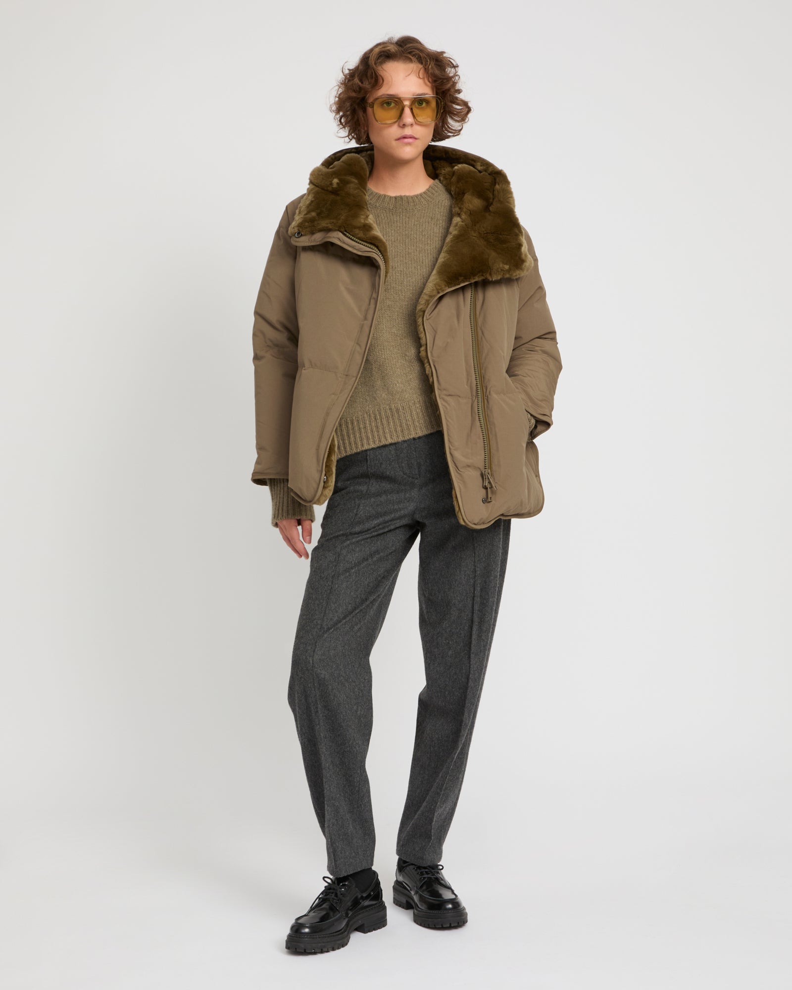 Short down jacket with rex rabbit fur trim -Yves Salomon