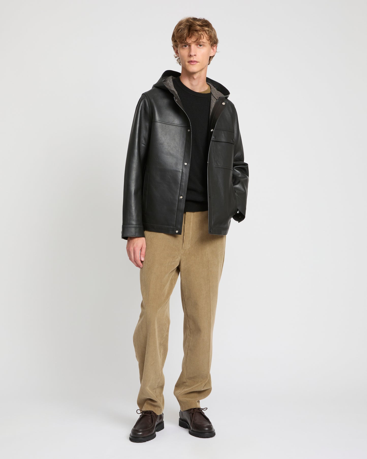 Flannel lined leather hoodie -Yves Salomon