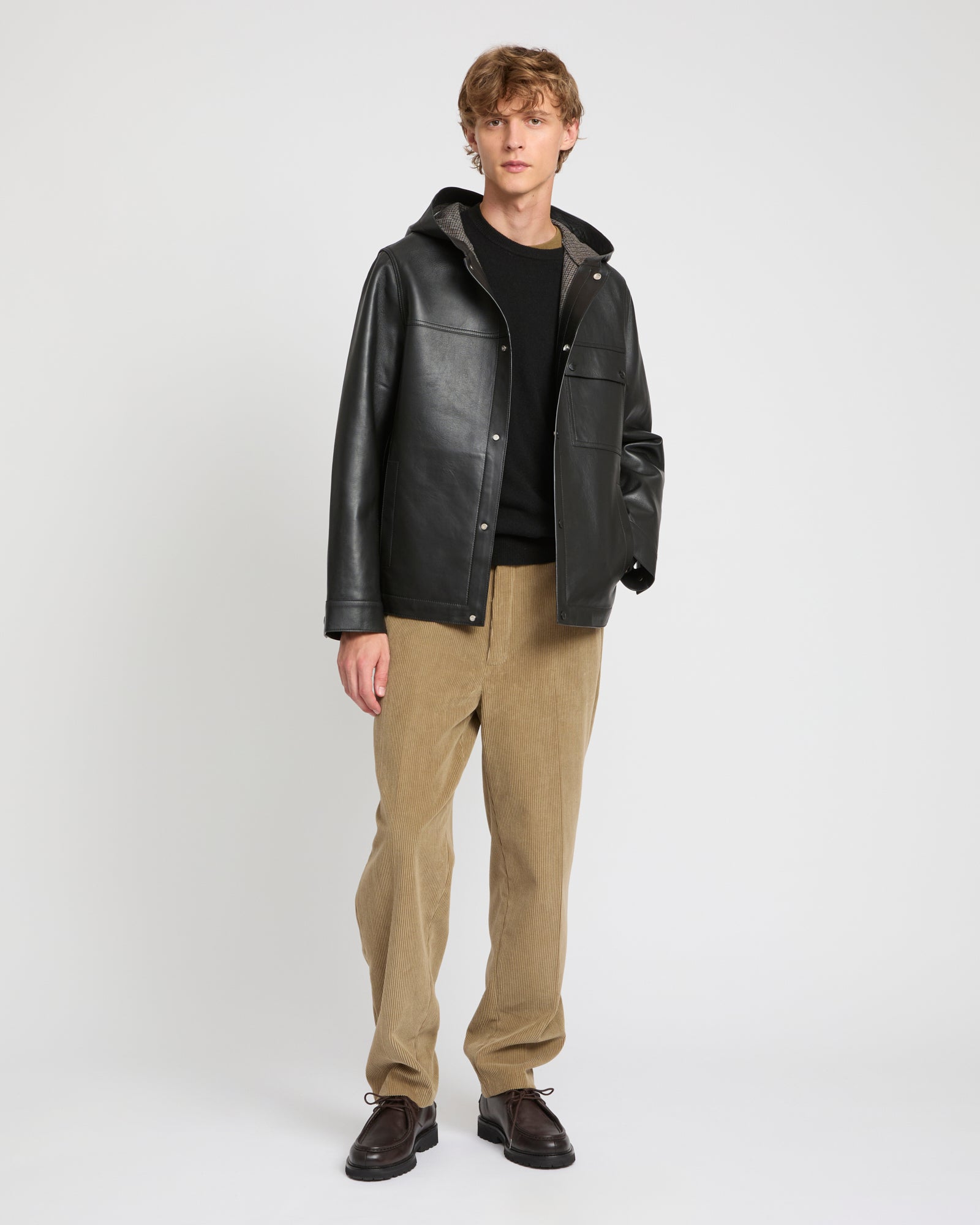 Flannel lined leather hoodie -Yves Salomon