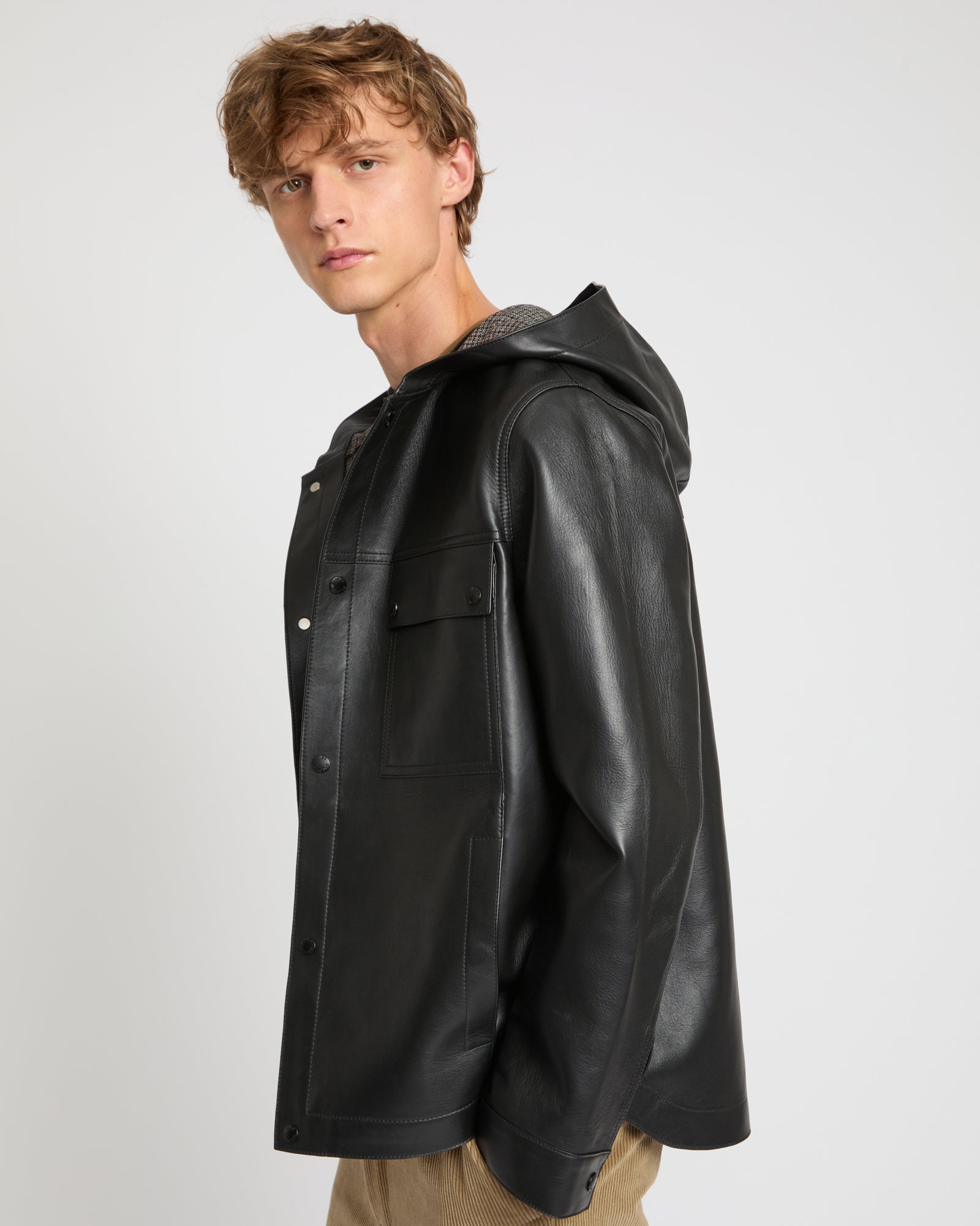 Flannel lined leather hoodie -Yves Salomon