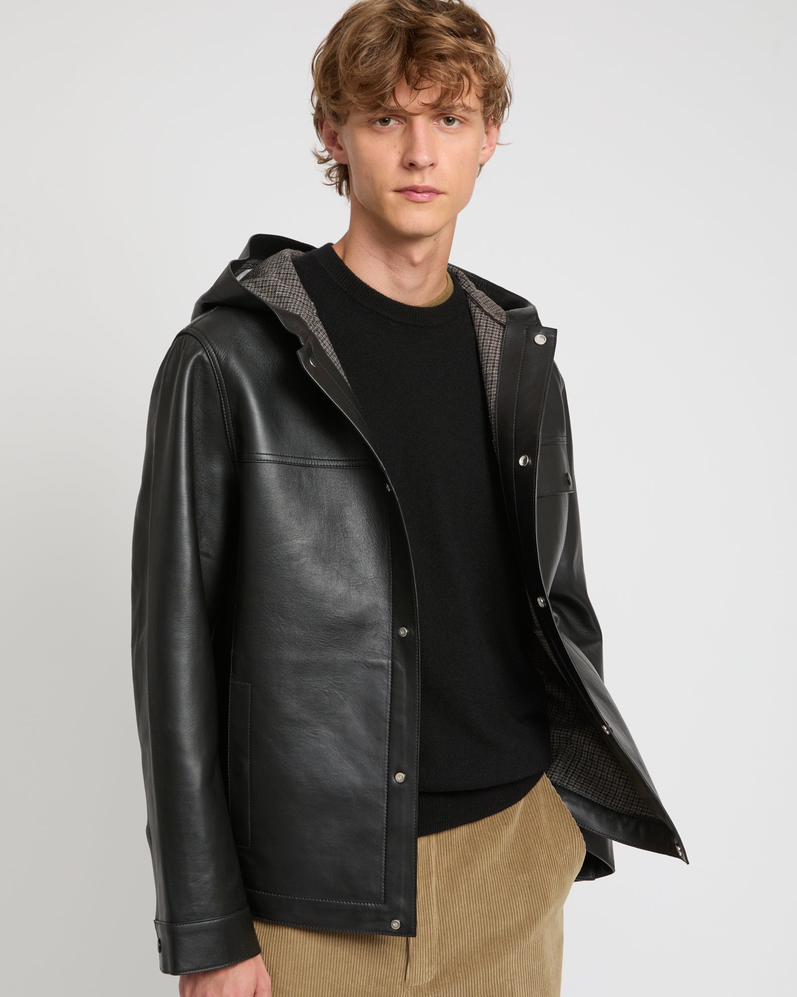 Flannel lined leather hoodie -Yves Salomon