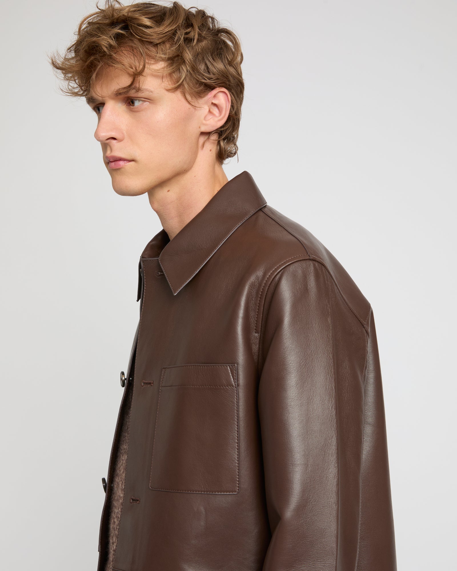 Flannel lined leather overshirt - brown - Winter sale – Yves