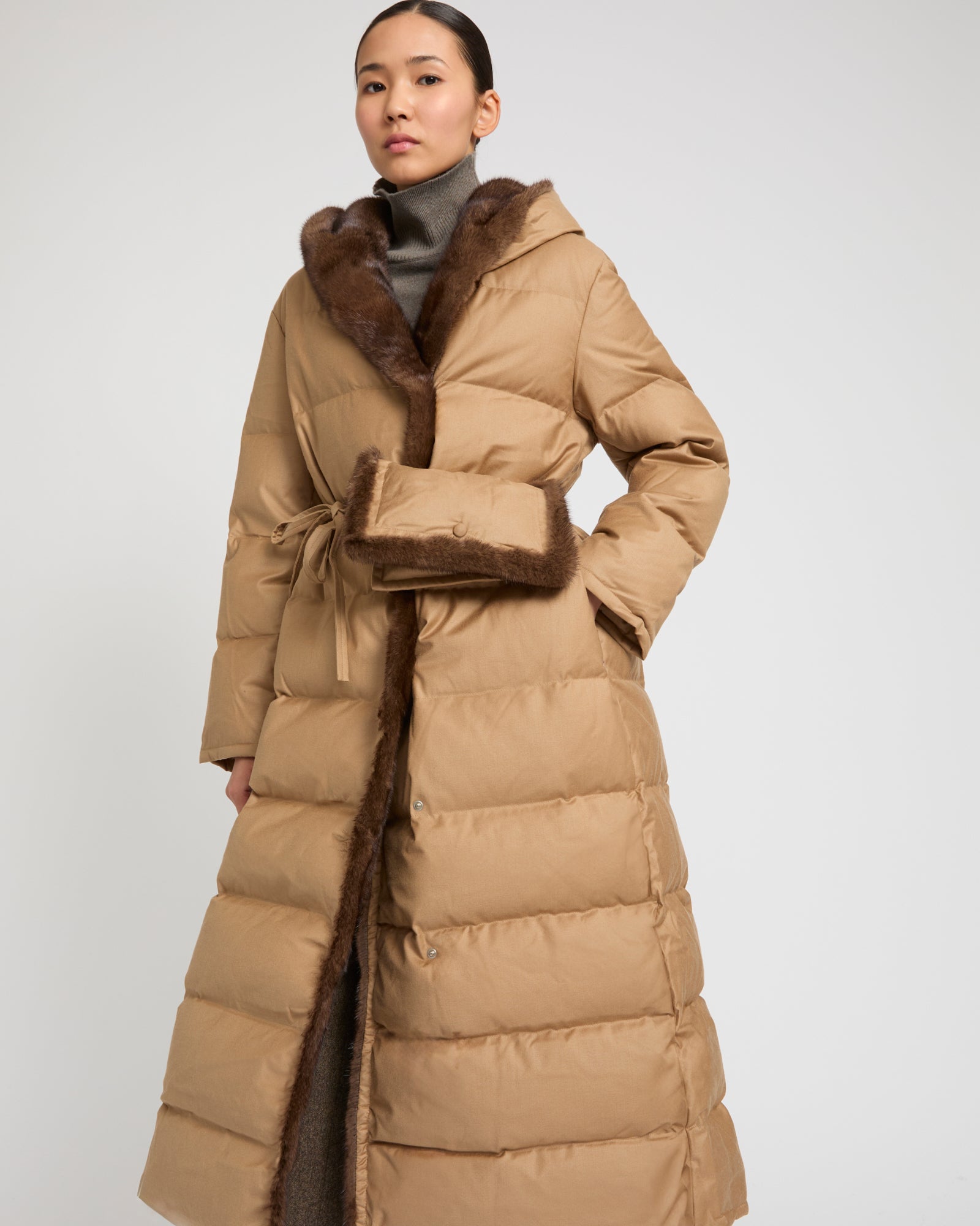 Down maxi belted coat in flannel fabric and mink fur - camel