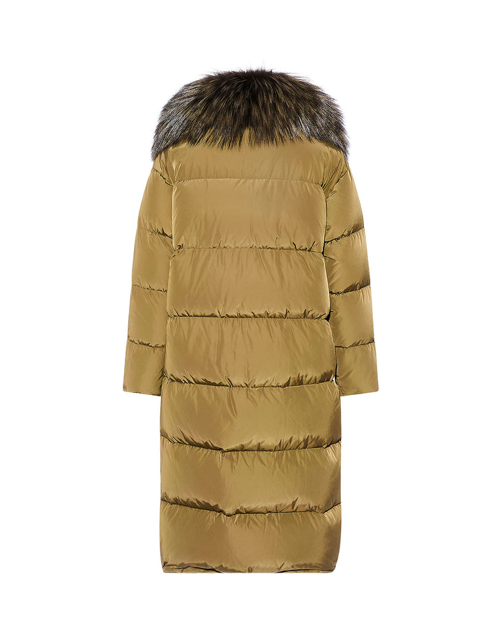 Technical fabric long down jacket with large detachable fox fur collar
