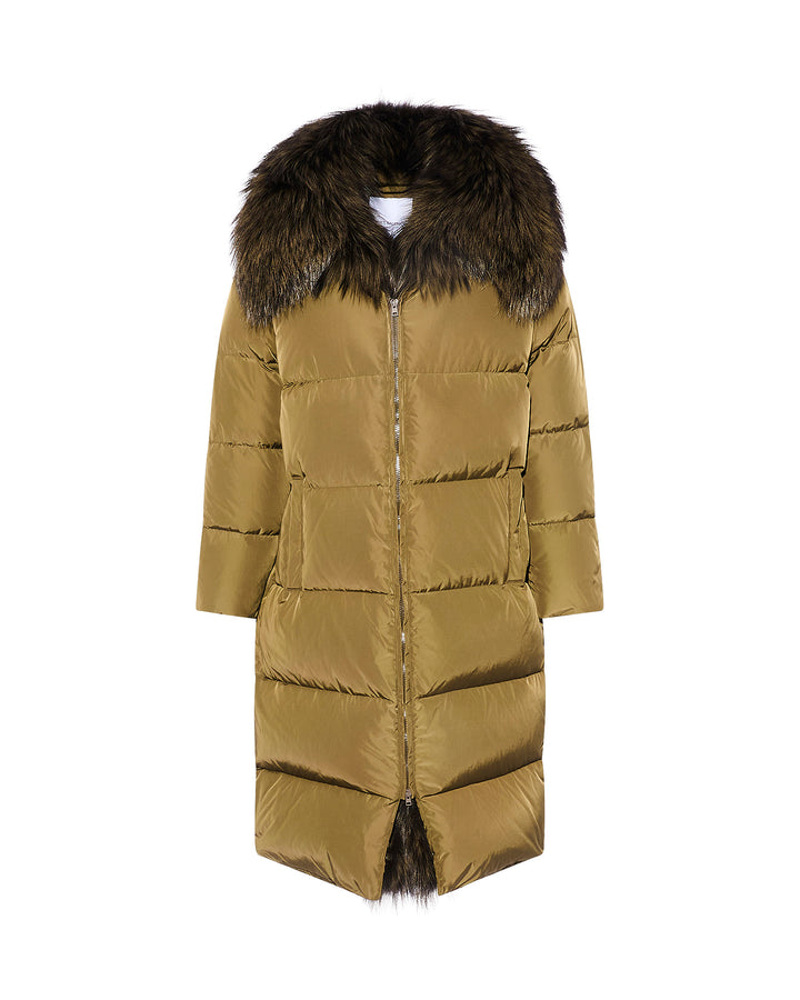 Technical fabric long down jacket with large detachable fox fur collar