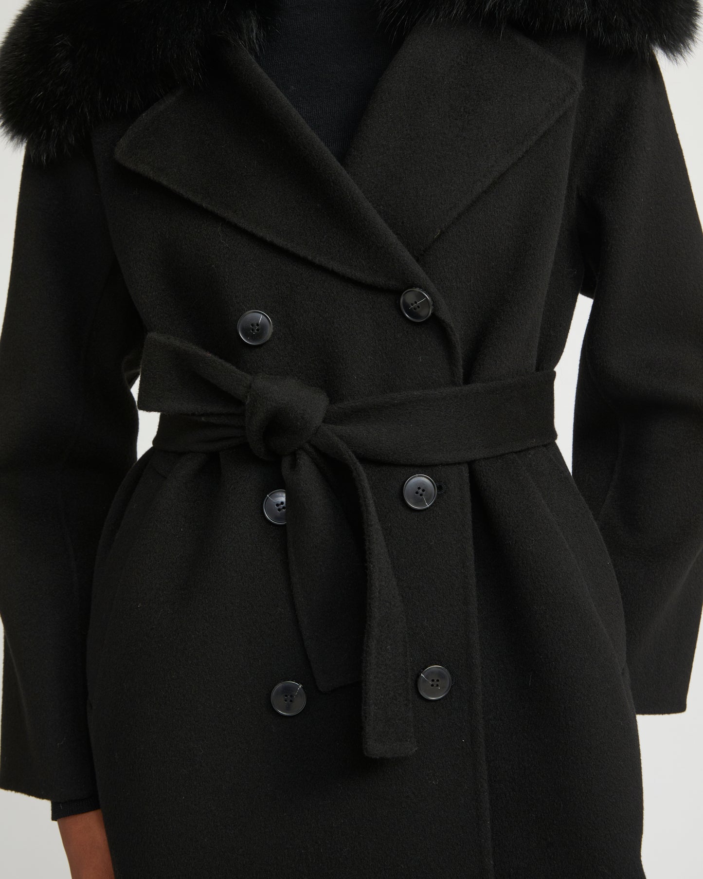 Belted coat in cashmere wool with fox fur collar - Yves Salomon