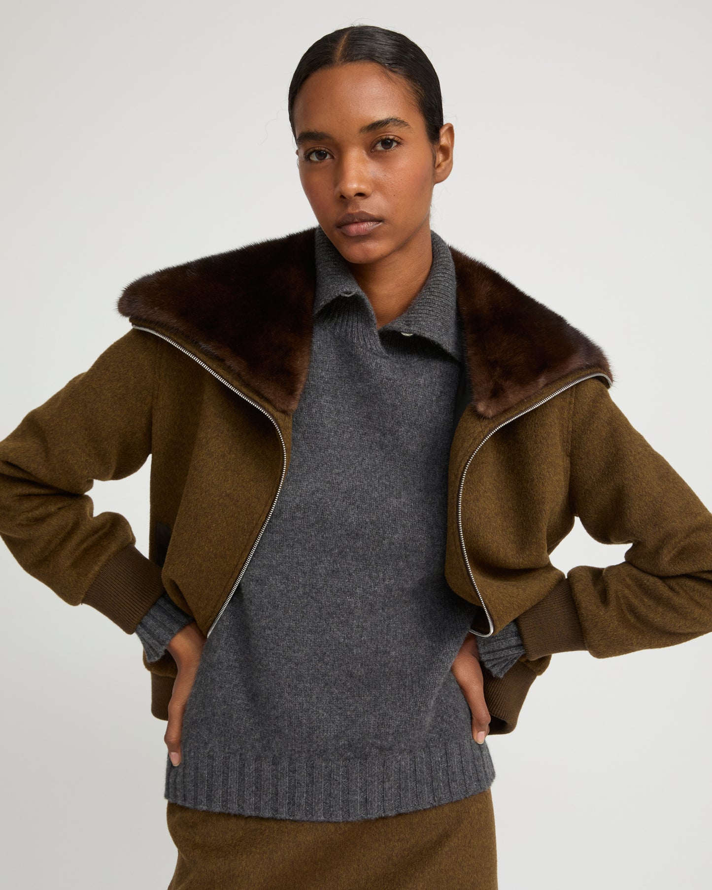 Cashmere-blend cropped blouson with removable mink fur collar - Yves Salomon