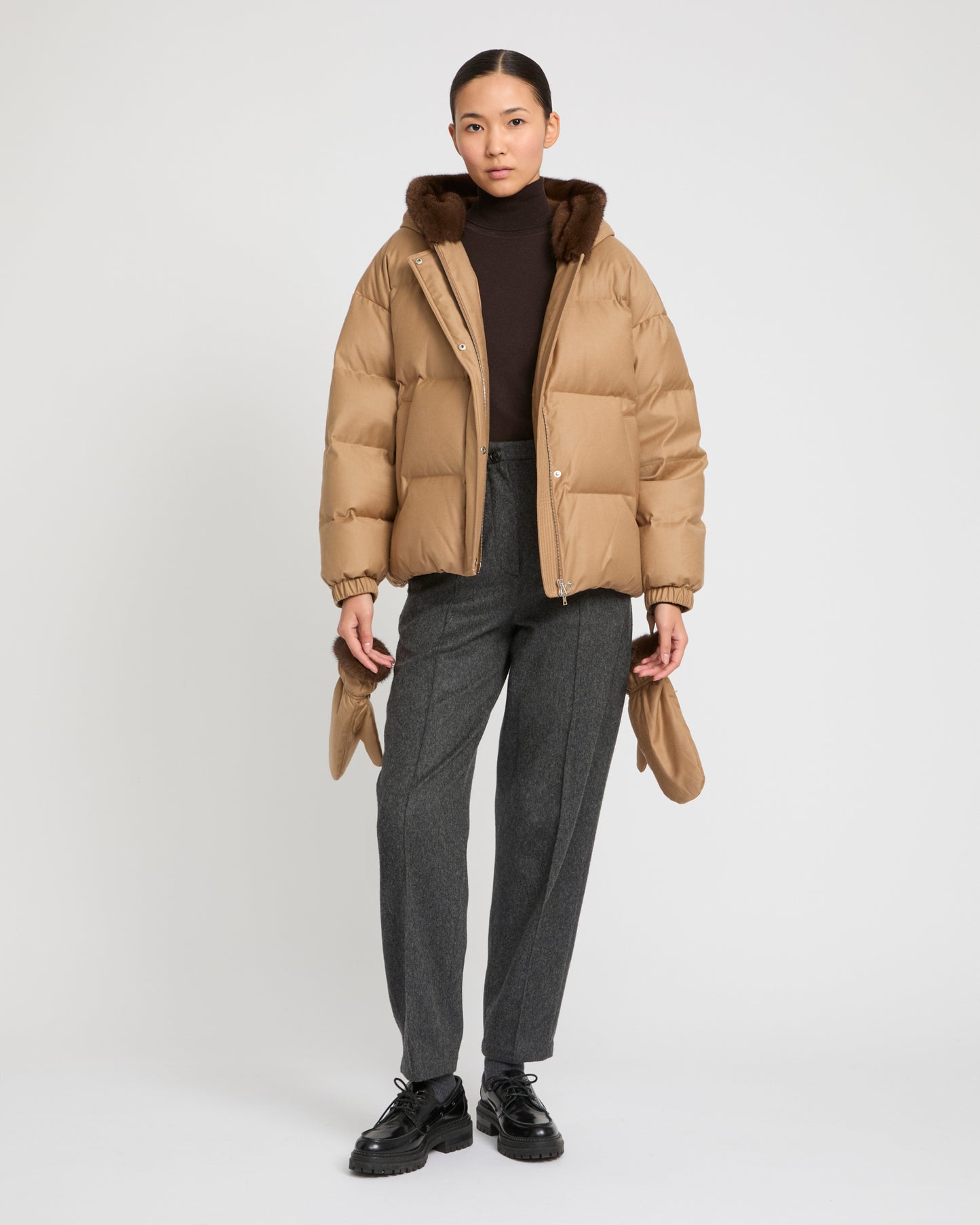 Short hooded Loro Piana fabric down jacket with mink fur inner hood and removable mittens -Yves Salomon