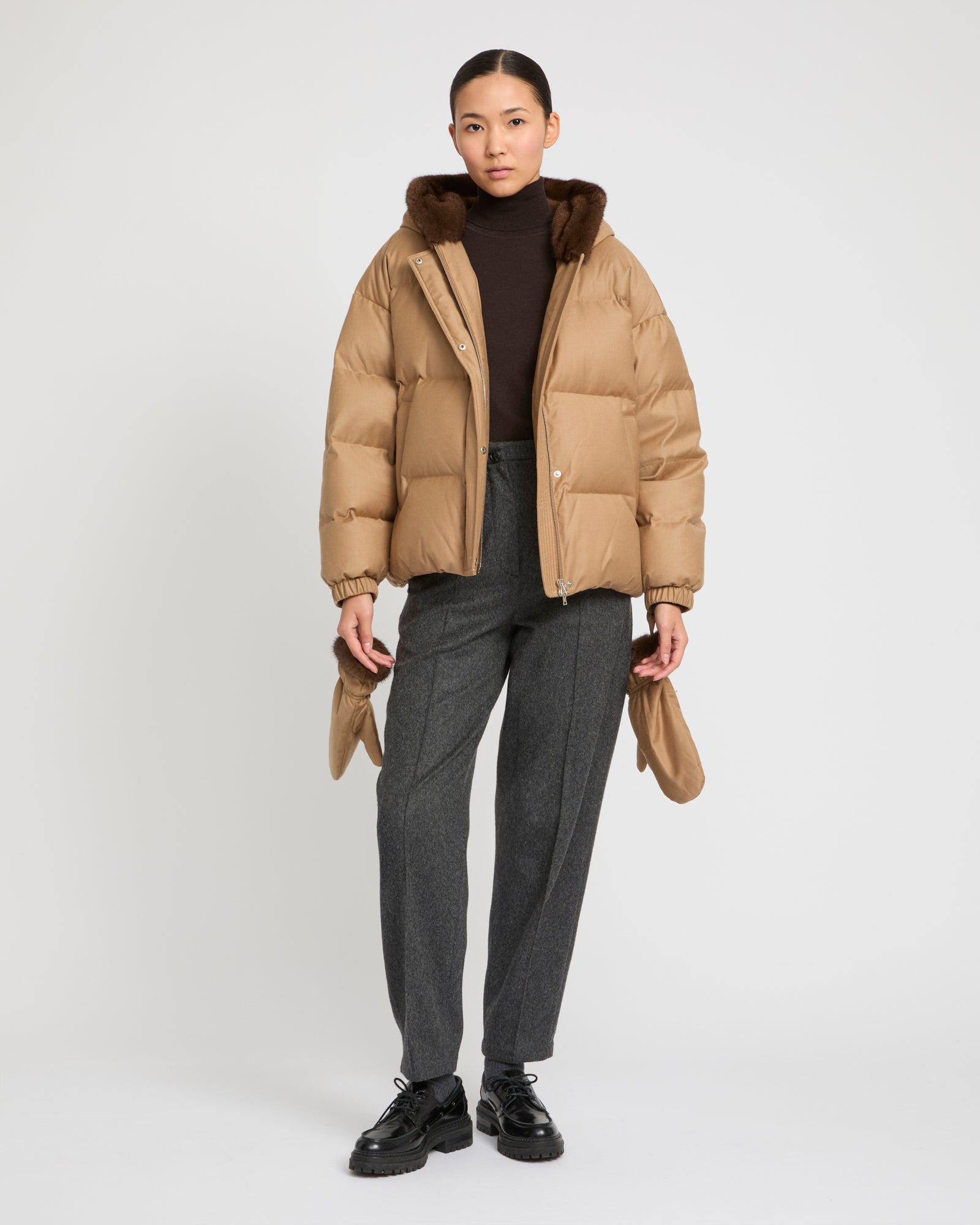 Short hooded Loro Piana fabric down jacket with mink fur inner hood and removable mittens -Yves Salomon
