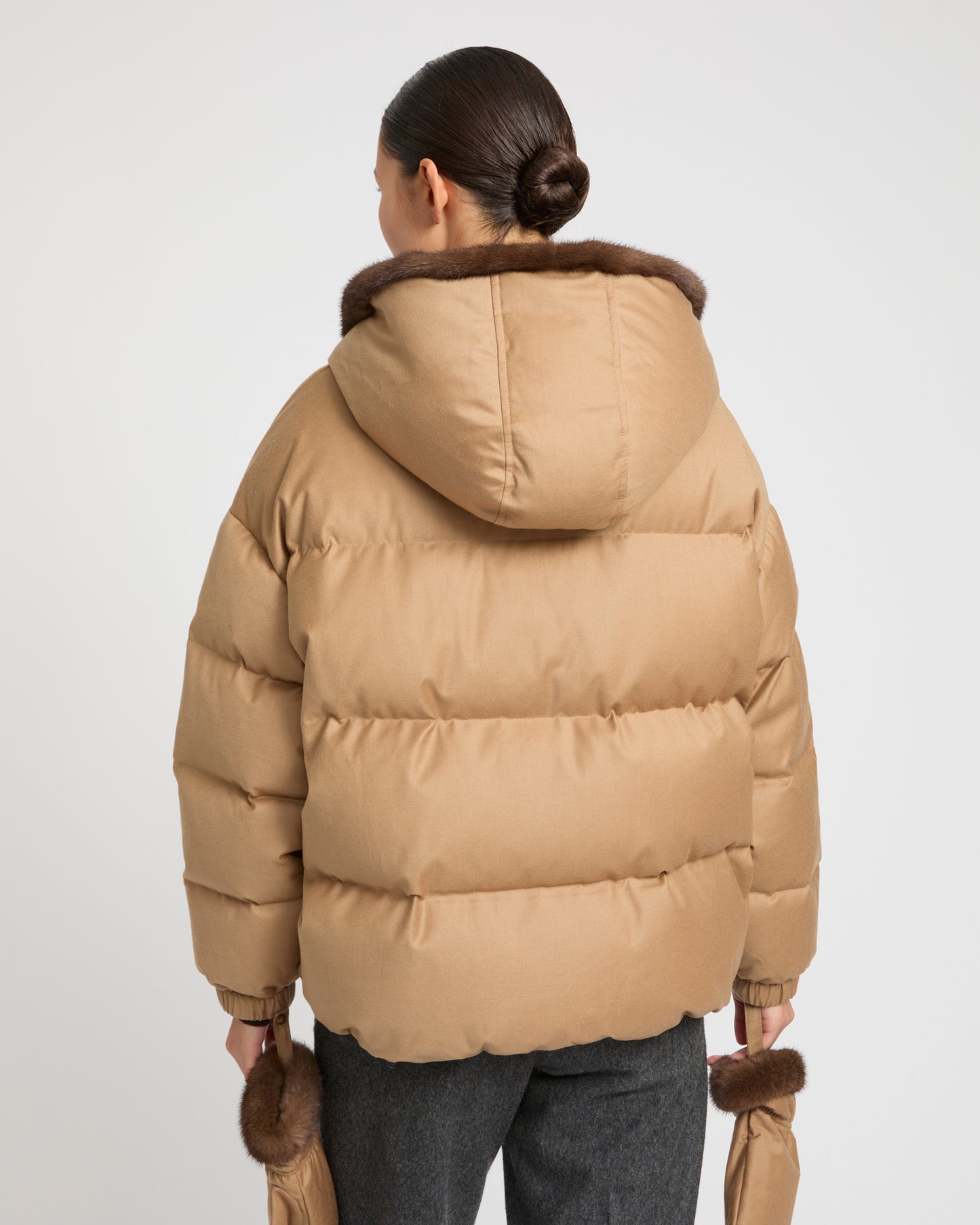 Short hooded Loro Piana fabric down jacket with mink fur inner hood and removable mittens -Yves Salomon