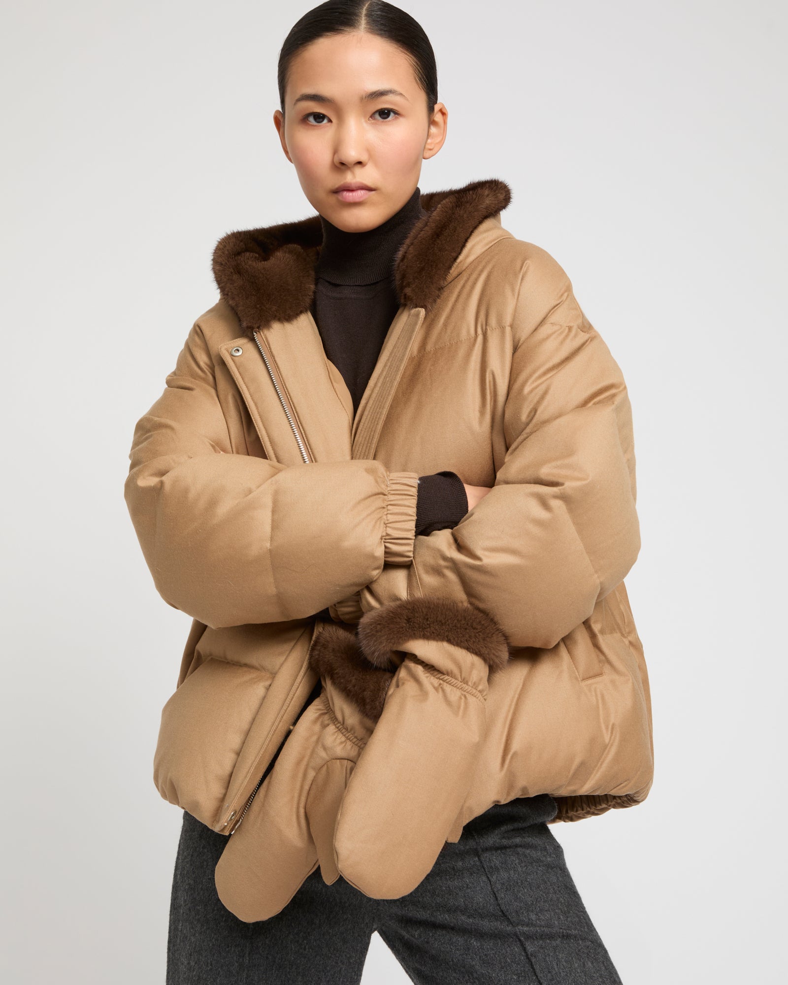 Short hooded Loro Piana fabric down jacket with mink fur inner hood and removable mittens -Yves Salomon
