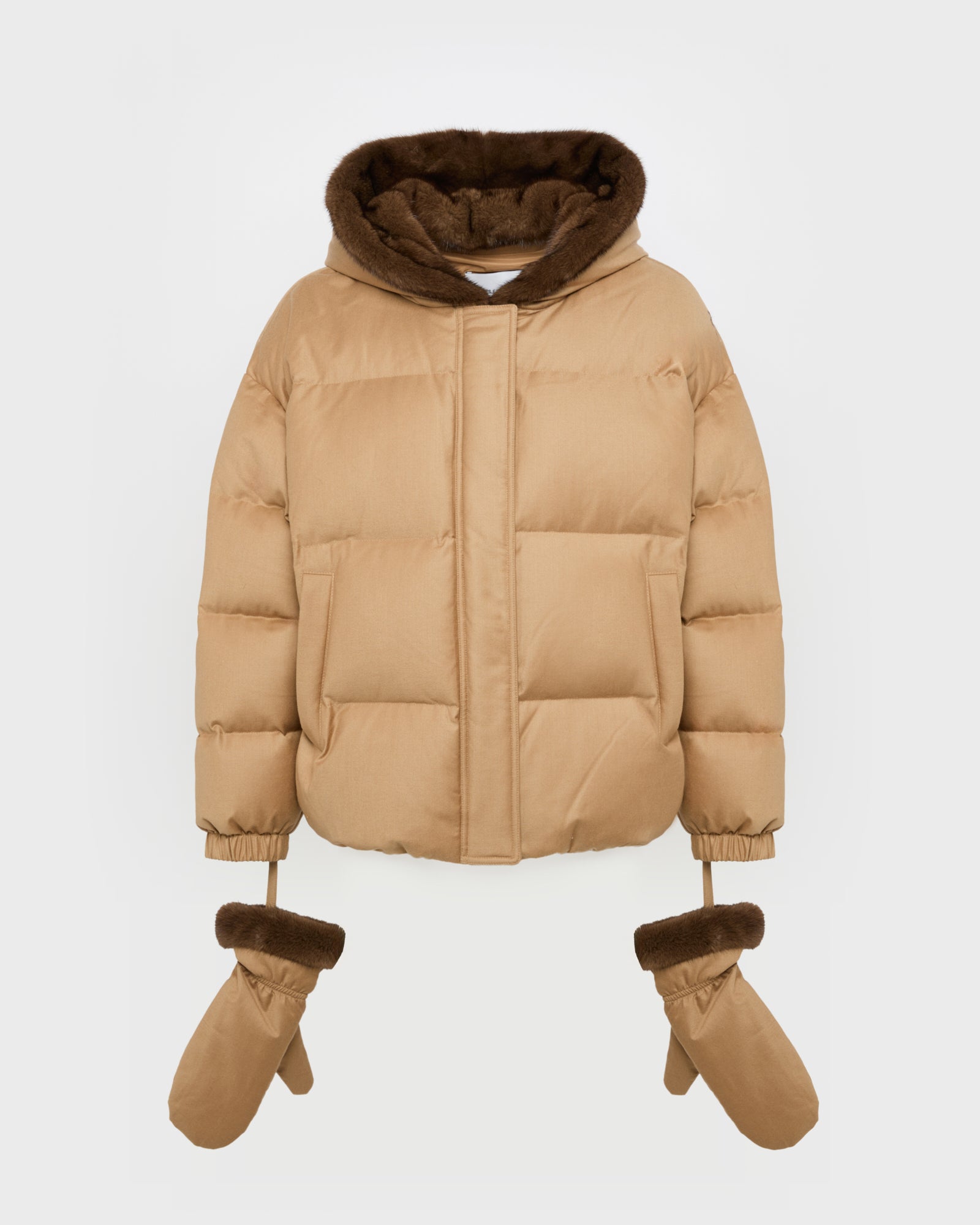 Short hooded Loro Piana fabric down jacket with mink fur inner hood and removable mittens -Yves Salomon