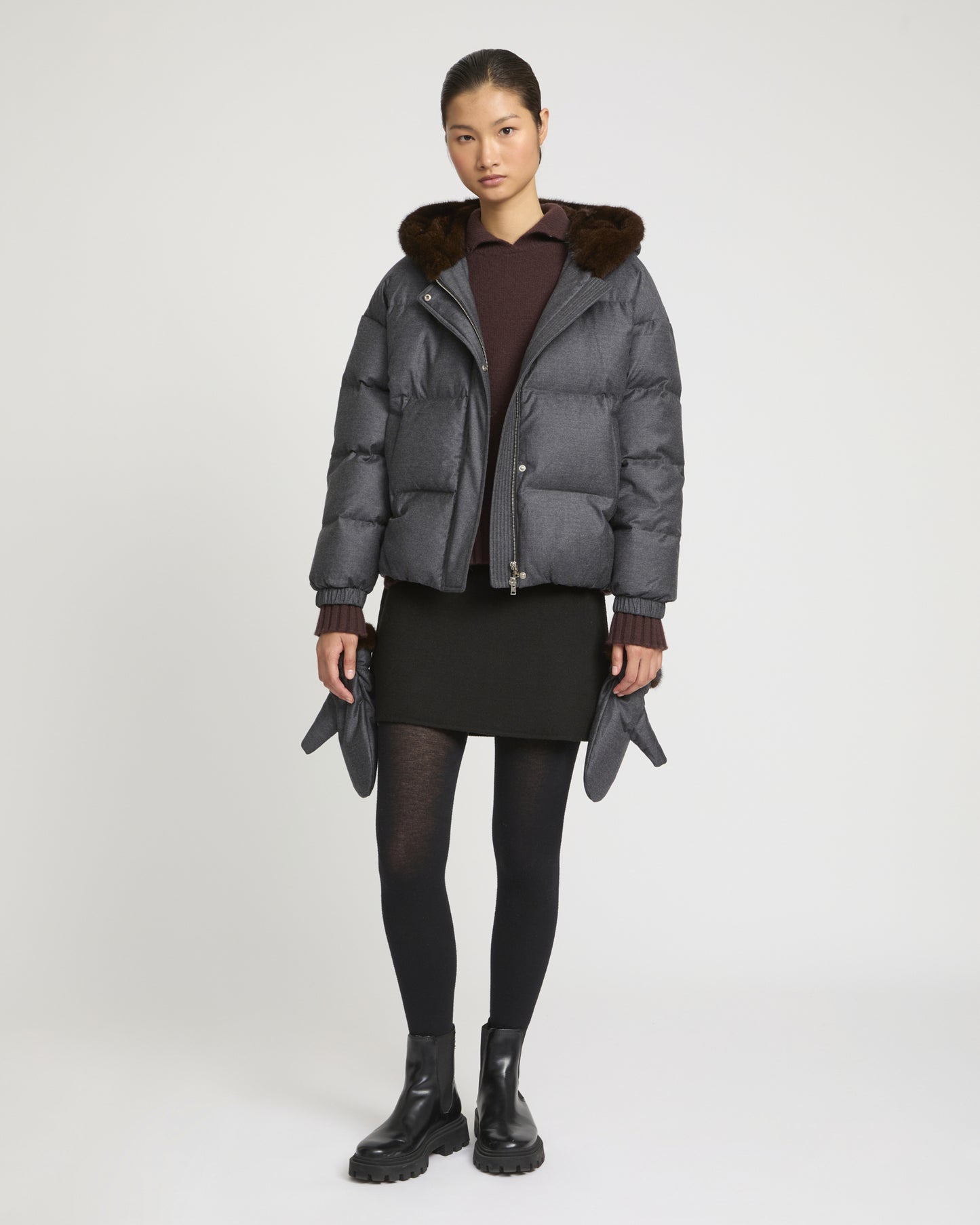 Short hooded Loro Piana fabric down jacket with mink fur inner hood and removable mittens -Yves Salomon