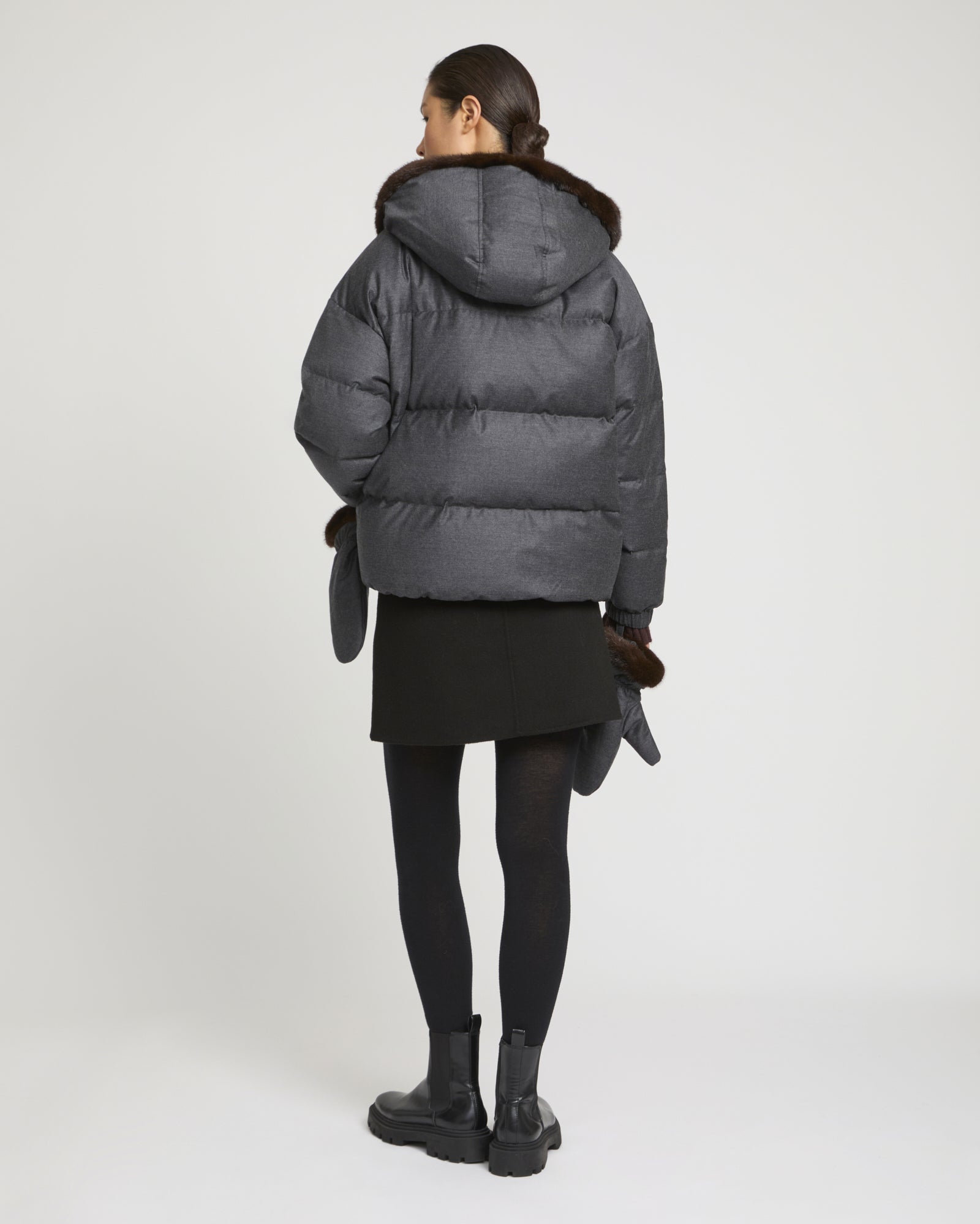 Short hooded Loro Piana fabric down jacket with mink fur inner hood and removable mittens -Yves Salomon