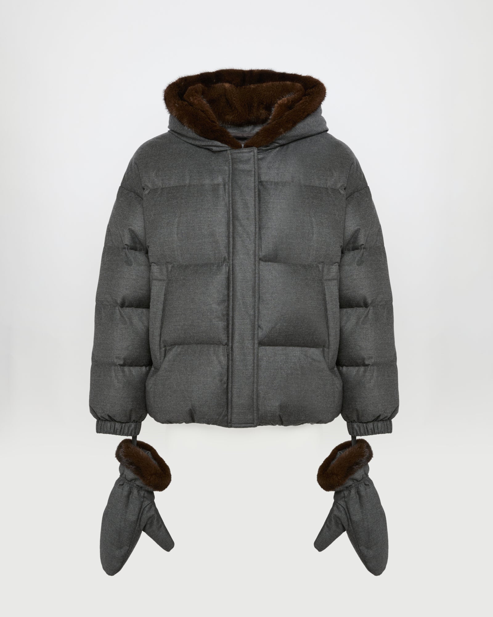 Short hooded Loro Piana fabric down jacket with mink fur inner hood and removable mittens -Yves Salomon