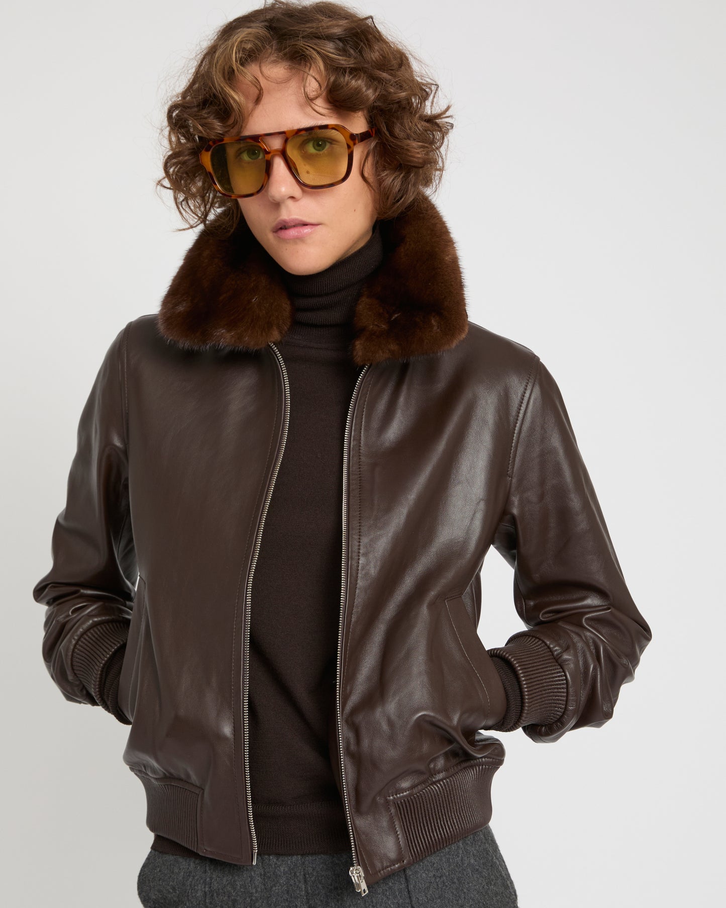 Lamb leather bomber jacket with removable mink collar -Yves Salomon