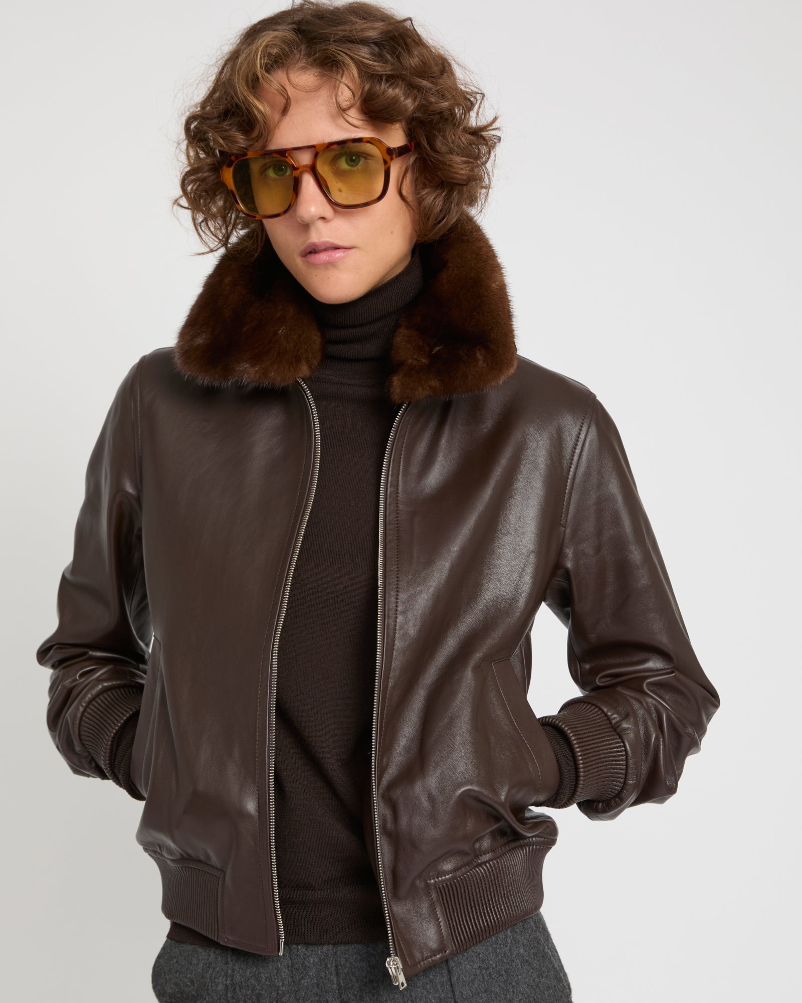 Lamb leather bomber jacket with removable mink collar -Yves Salomon