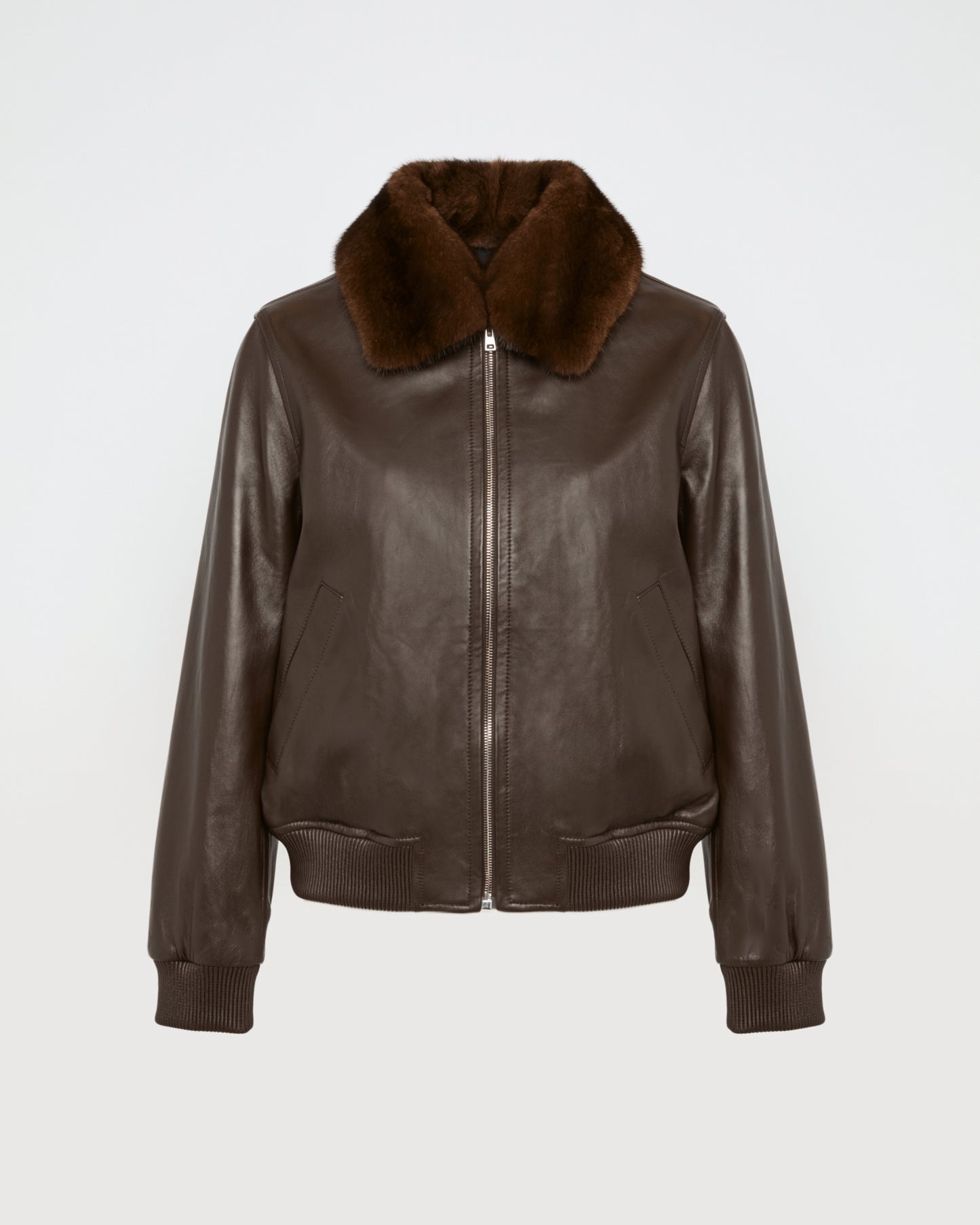 Lamb leather bomber jacket with removable mink collar