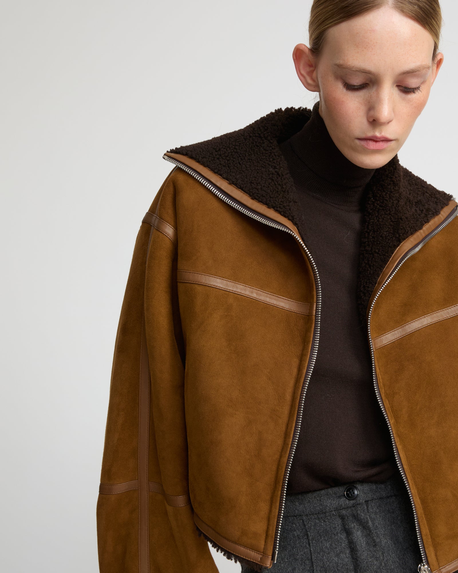 Suede Merino lambskin cropped jacket - camel - Yves Salomon – Yves