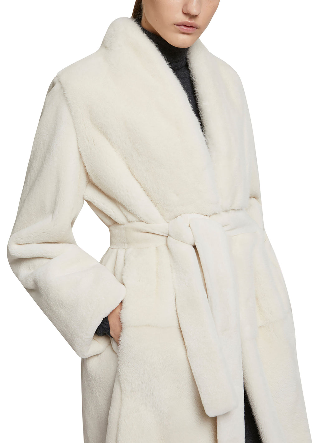 Belted coat in sheared and long haired mink fur white Yves Salomon Yves Salomon US