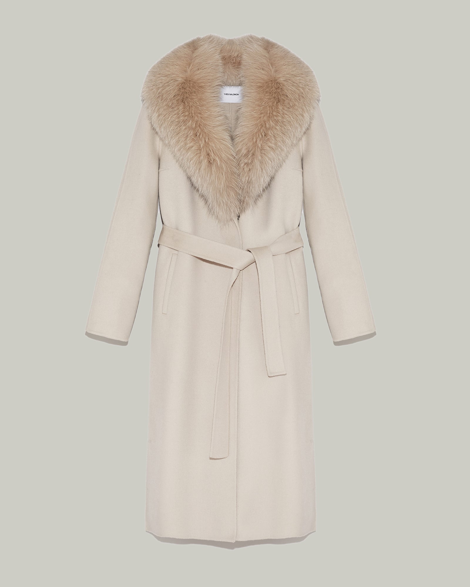 Long cashmere coat with fox fur collar beige Yves Salomon