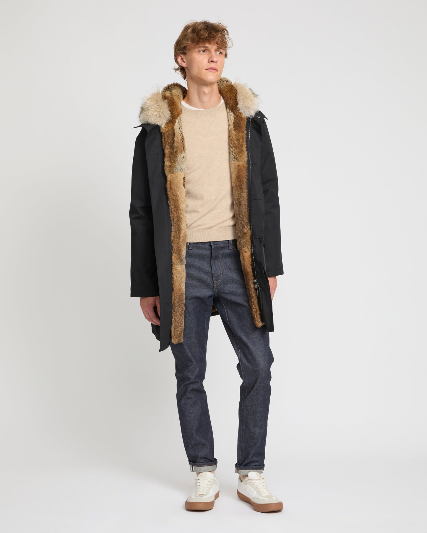 Long Iconic parka in technical cotton with coyote and rabbit fur