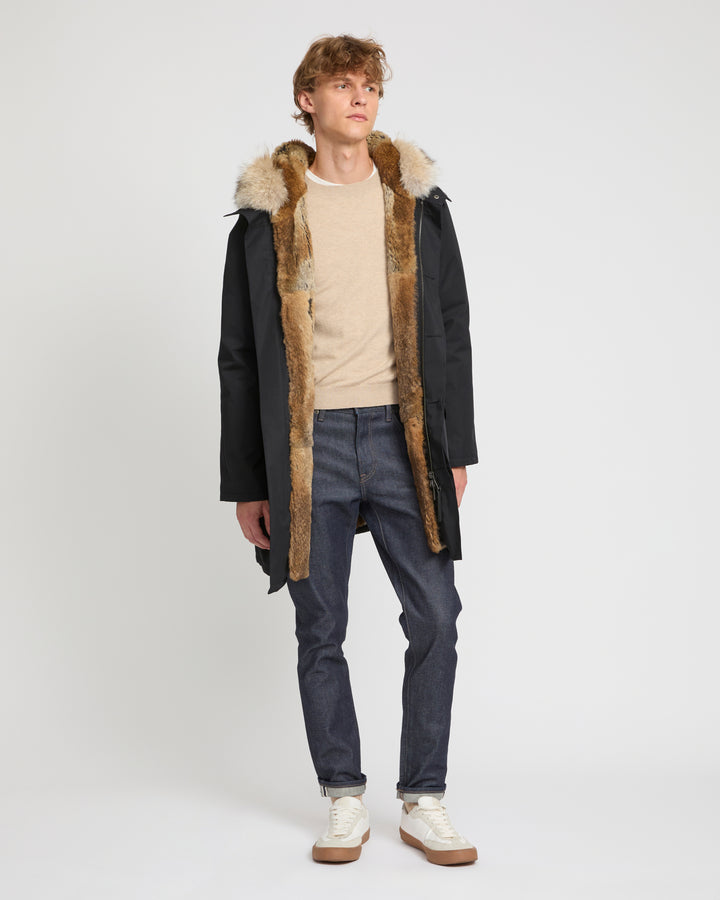 Long Iconic parka in technical cotton with coyote and rabbit fur
