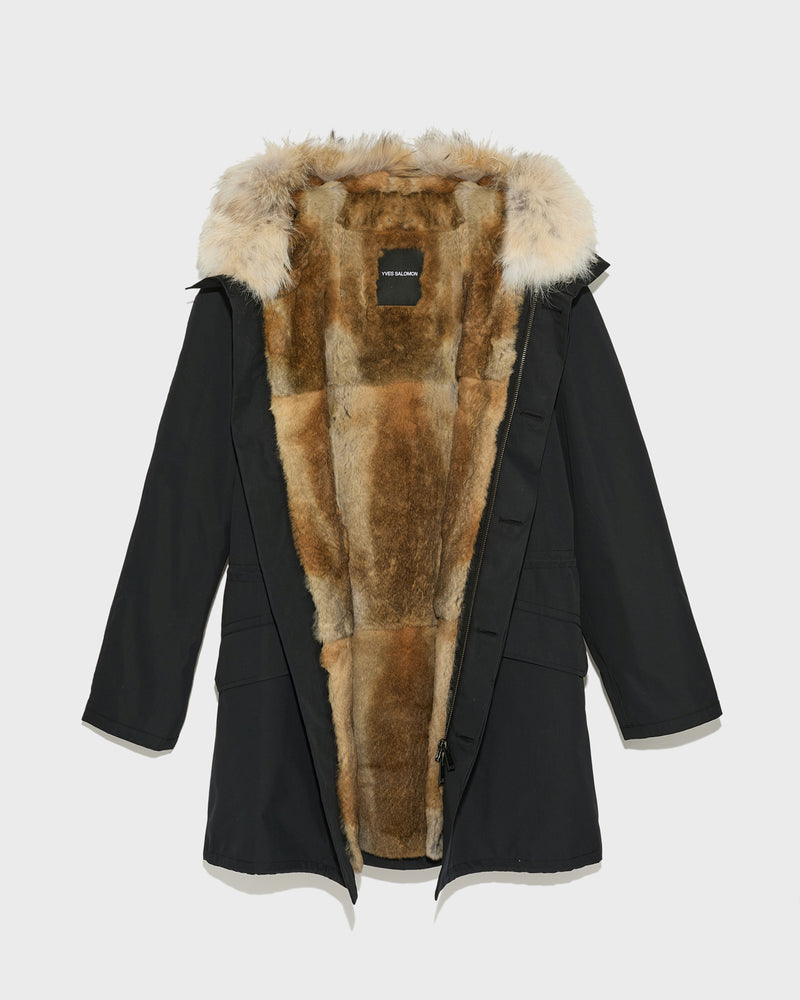 Long iconic parka in technical cotton and fur - black - Yves Salomon