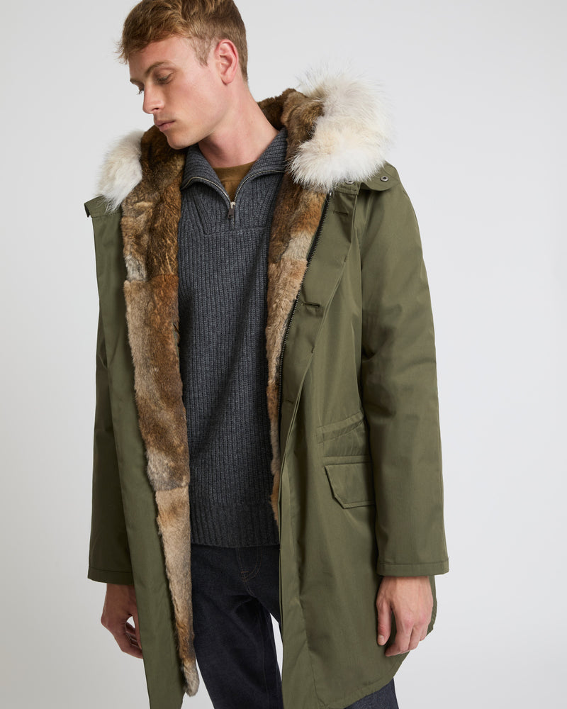 Long iconic parka in technical cotton and fur