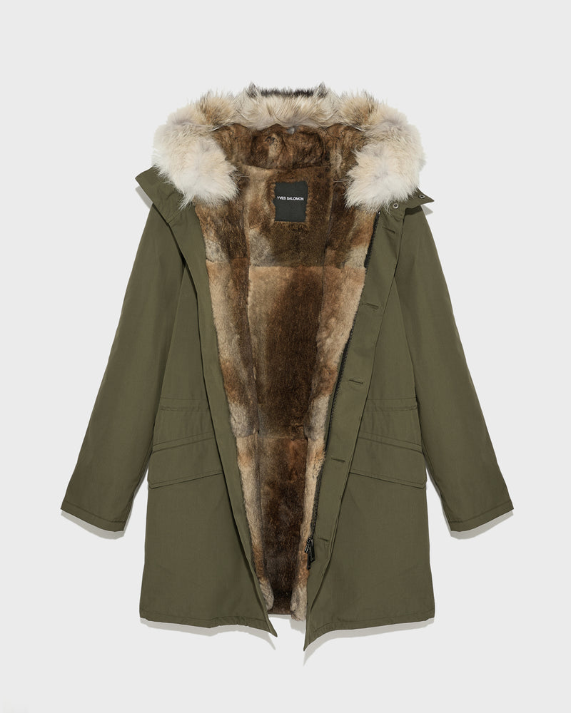 Long iconic parka in technical cotton and fur - khaki - Yves Salomon