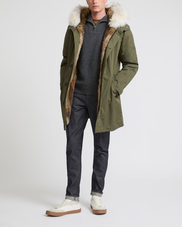 Long Iconic parka in technical cotton with coyote and rabbit fur