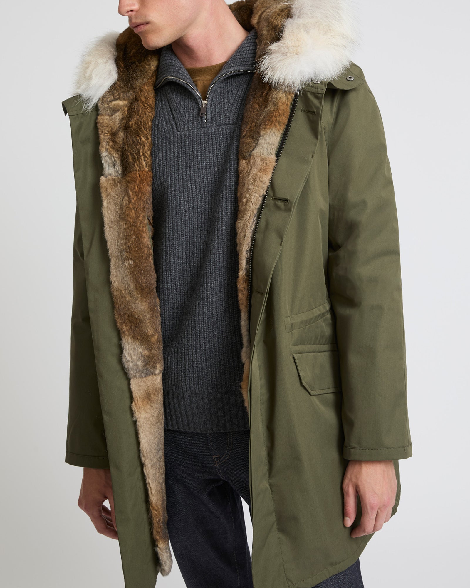 Long iconic parka in cotton & fur - khaki - Yves Salomon Men Long iconic parka in cotton & fur - khaki - Yves Salomon Men