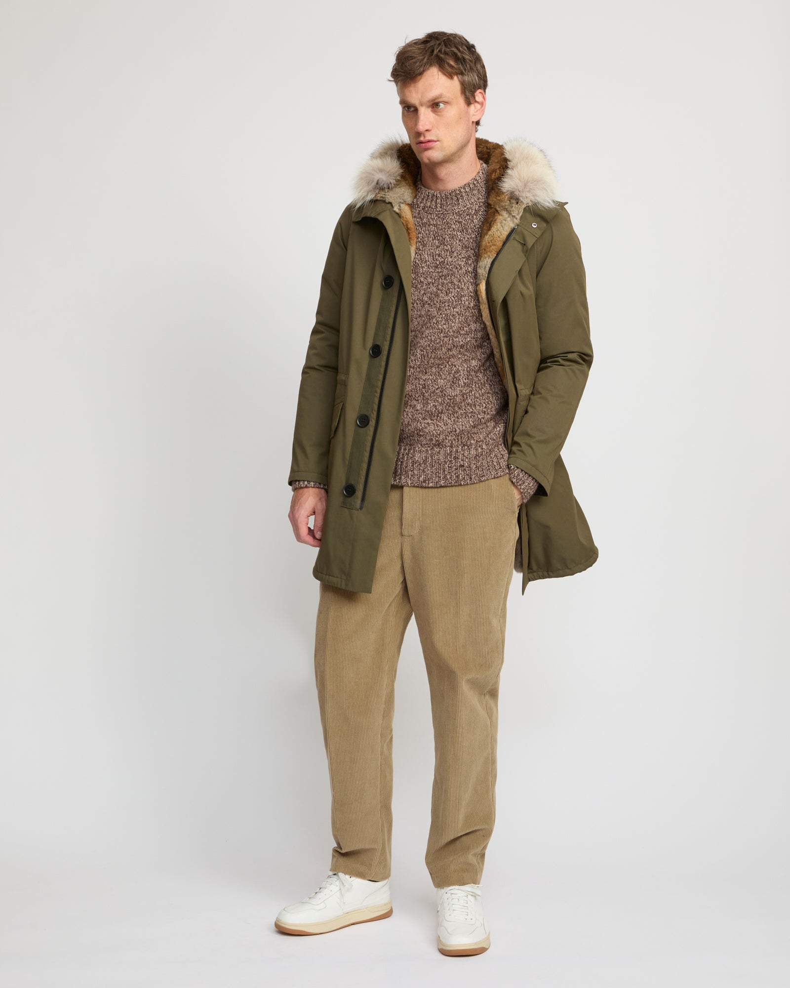 Long Iconic parka in technical cotton with coyote and rabbit fur - Yves Salomon