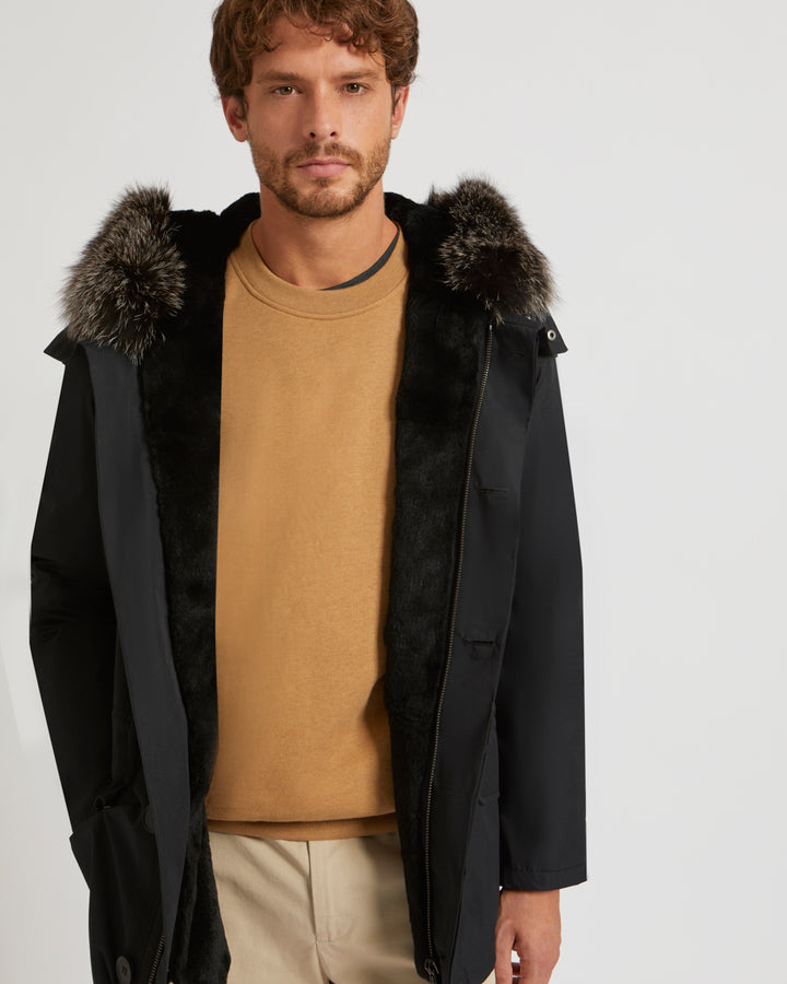Short Iconic Parka In Cotton Blend And Fur - black - Yves Salomon