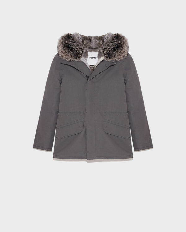 Short Iconic Parka In Cotton Blend And Fur - grey - Yves Salomon