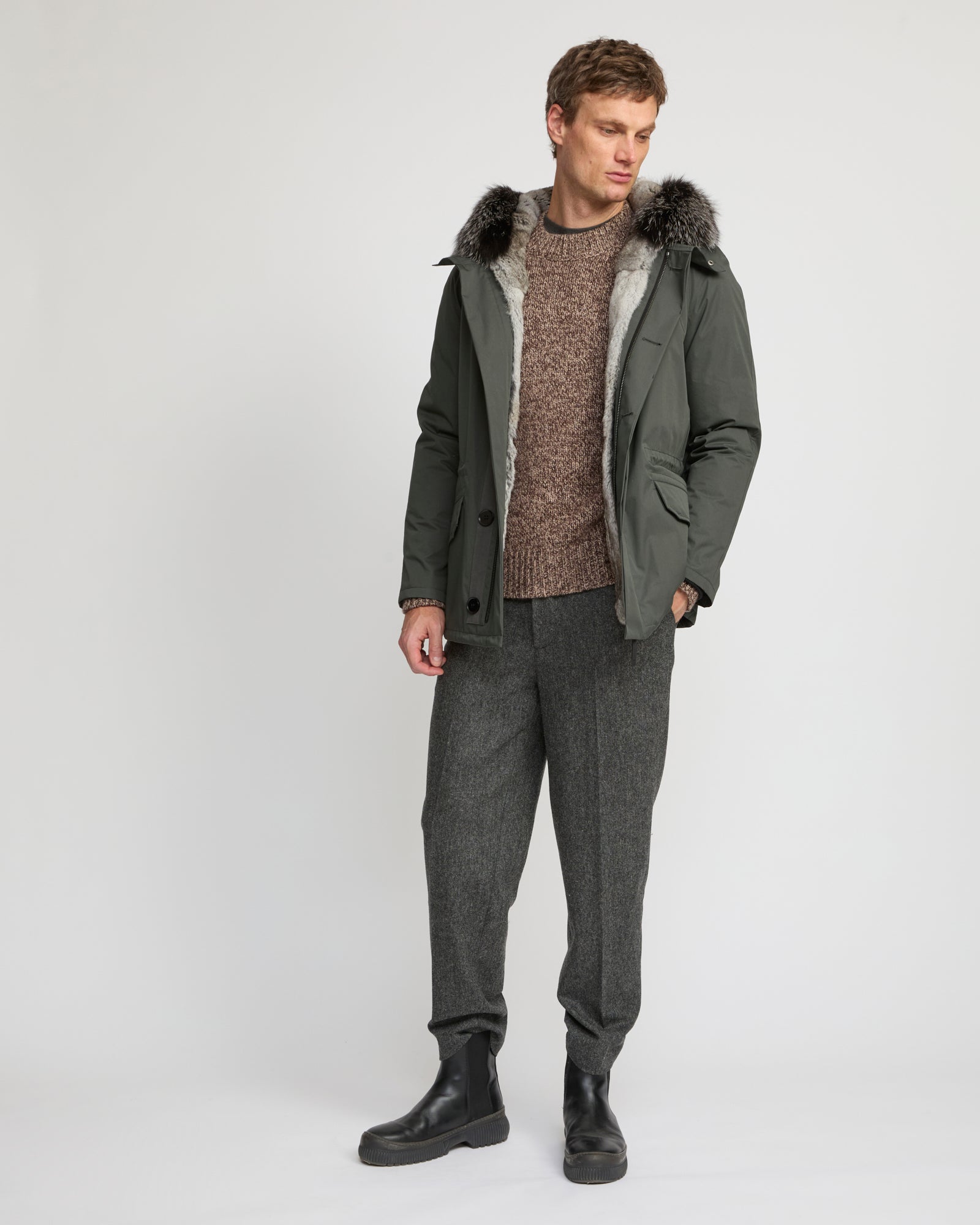 Short Iconic Parka In waterproof Cotton Blend with Fox Fur and Rabbit Fur - Yves Salomon